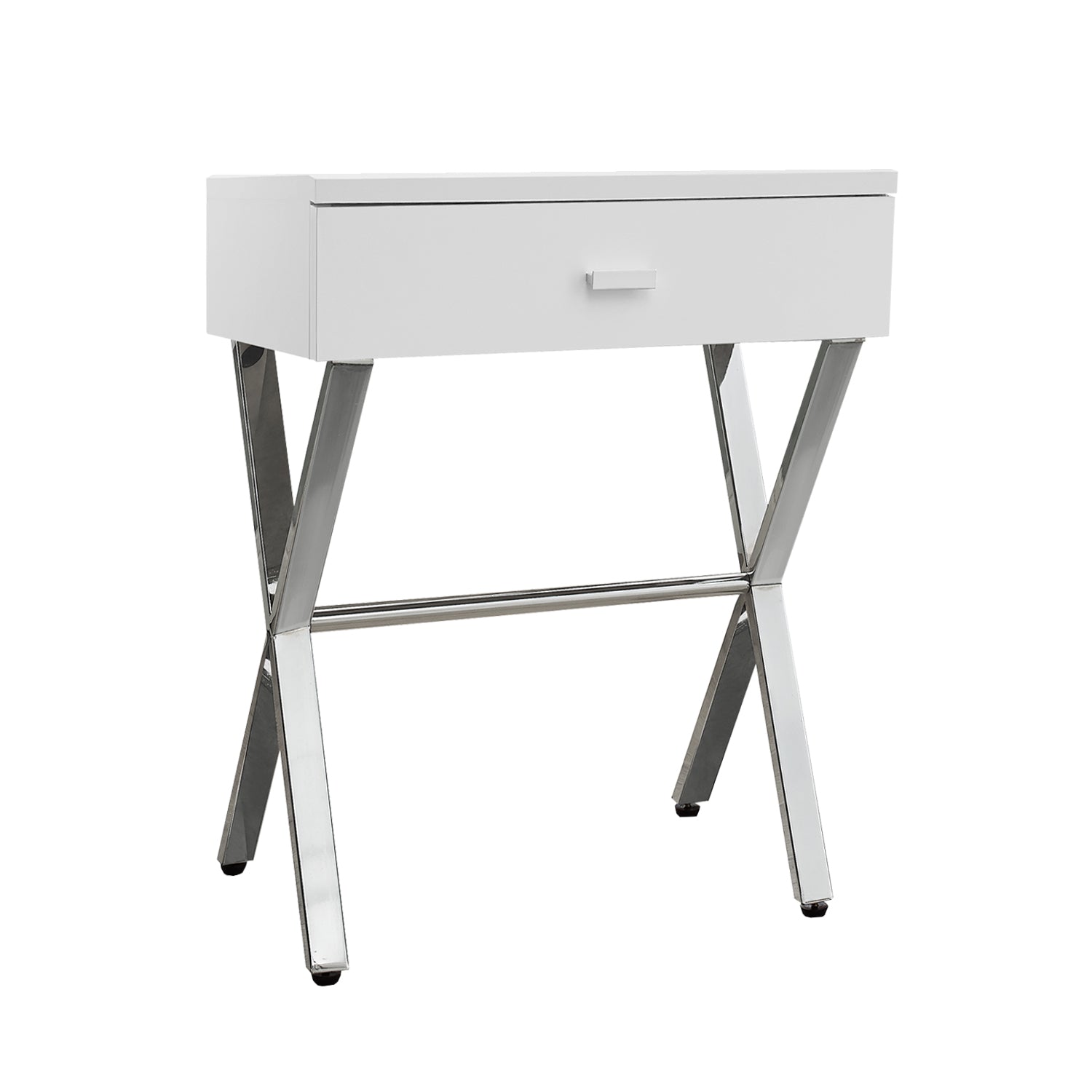 Elegant dark taupe finish accent table with chrome metal accents, perfect for living room decor.