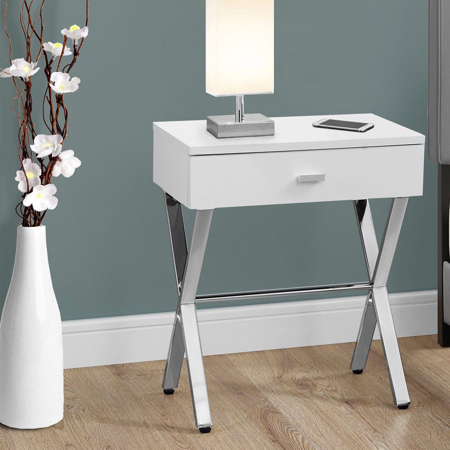 Elegant dark taupe finish accent table with chrome metal accents, perfect for living room decor.