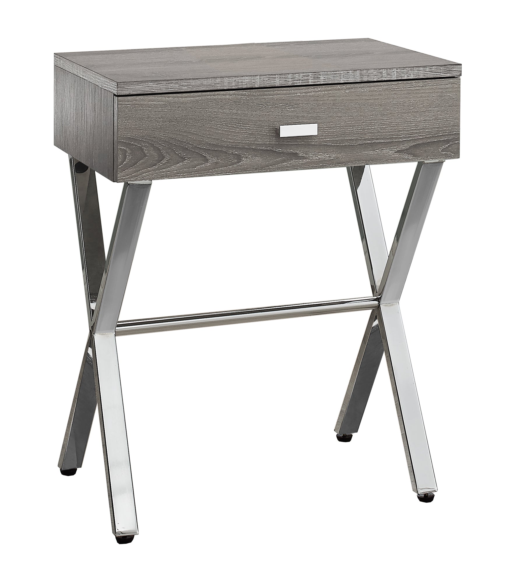 Elegant dark taupe finish accent table with chrome metal accents, perfect for living room decor.