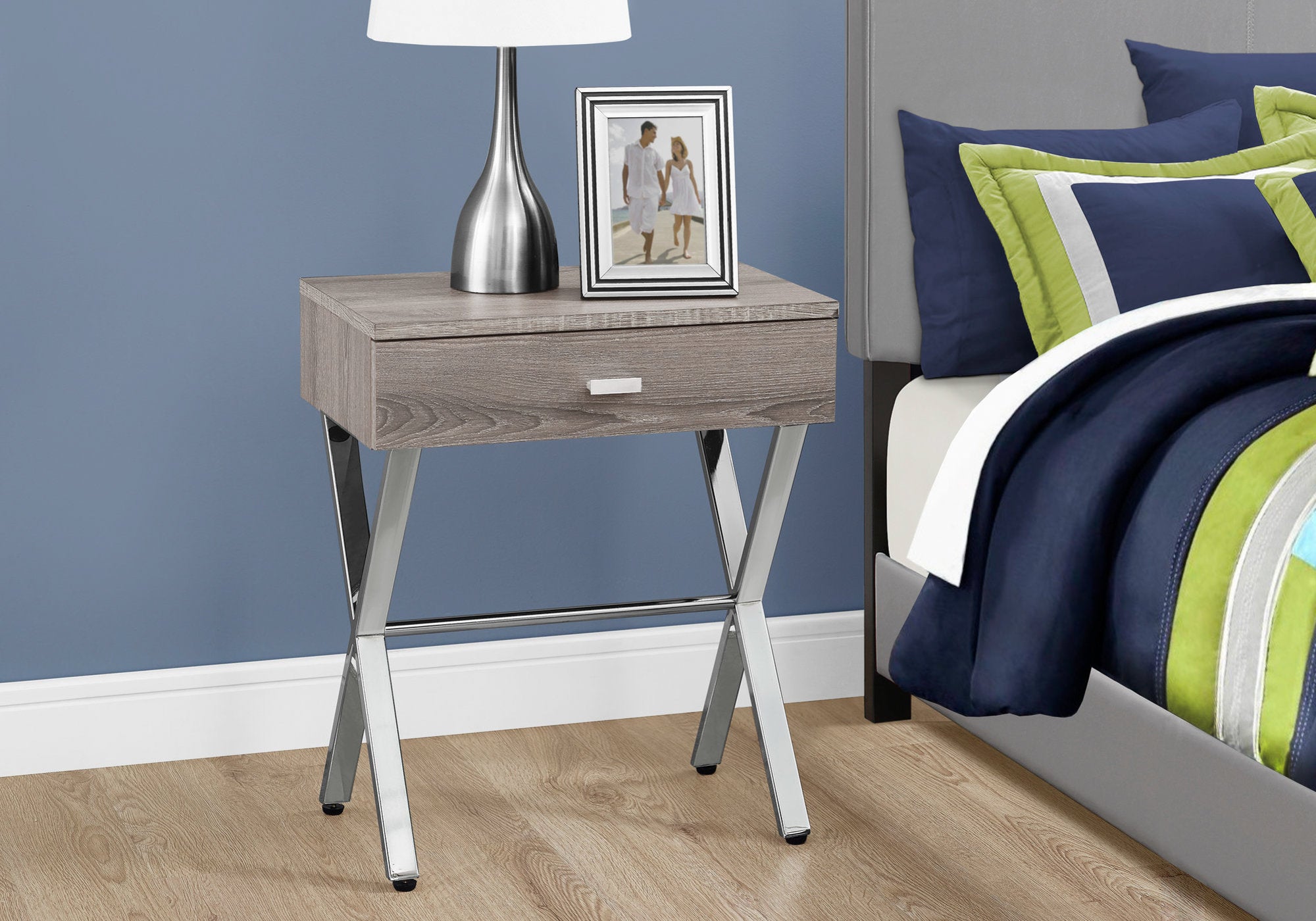 Elegant dark taupe finish accent table with chrome metal accents, perfect for living room decor.