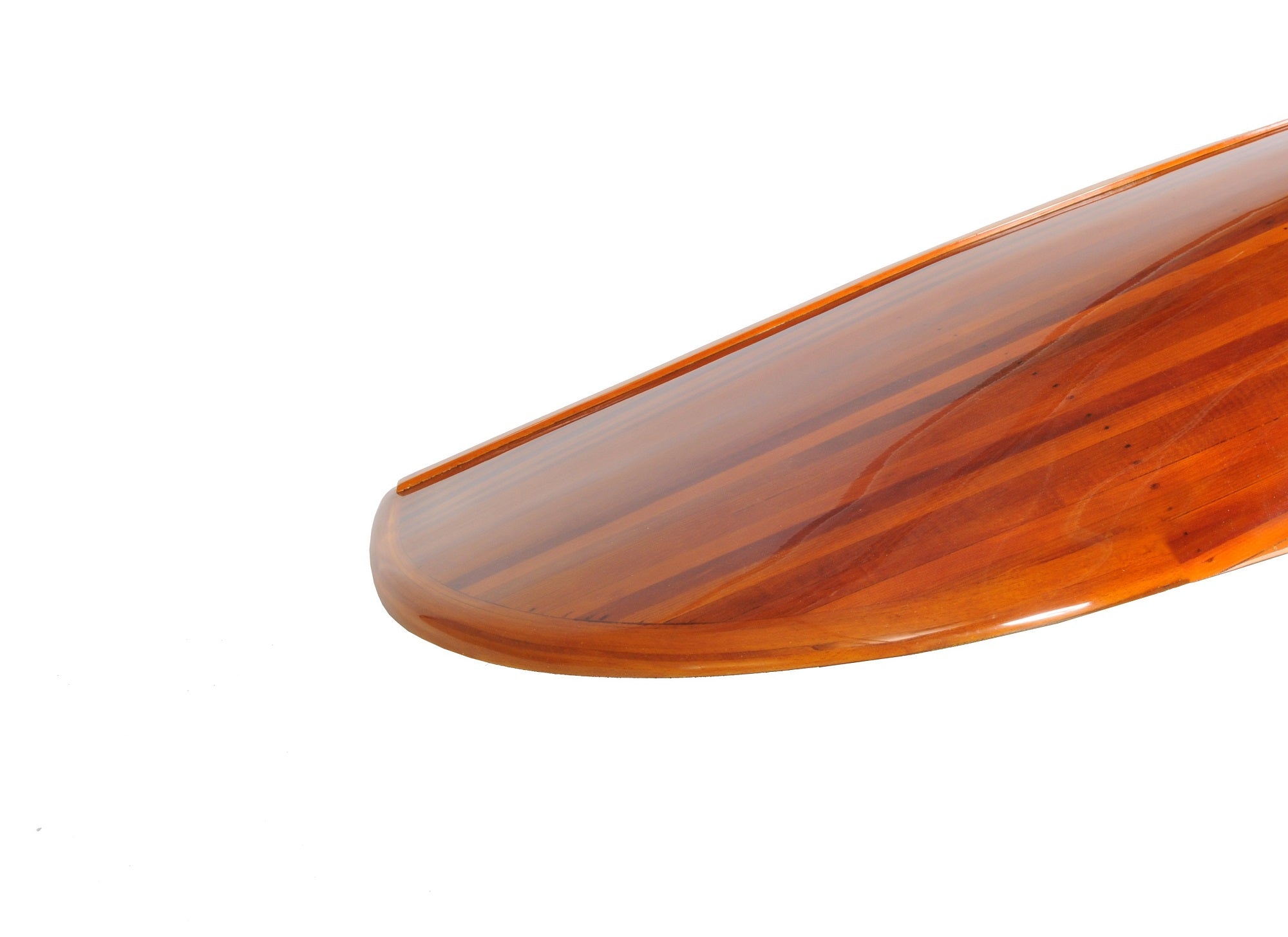 Handcrafted wooden display half canoe with glossy epoxy finish, showcasing rich wood tones, perfect for home decor.