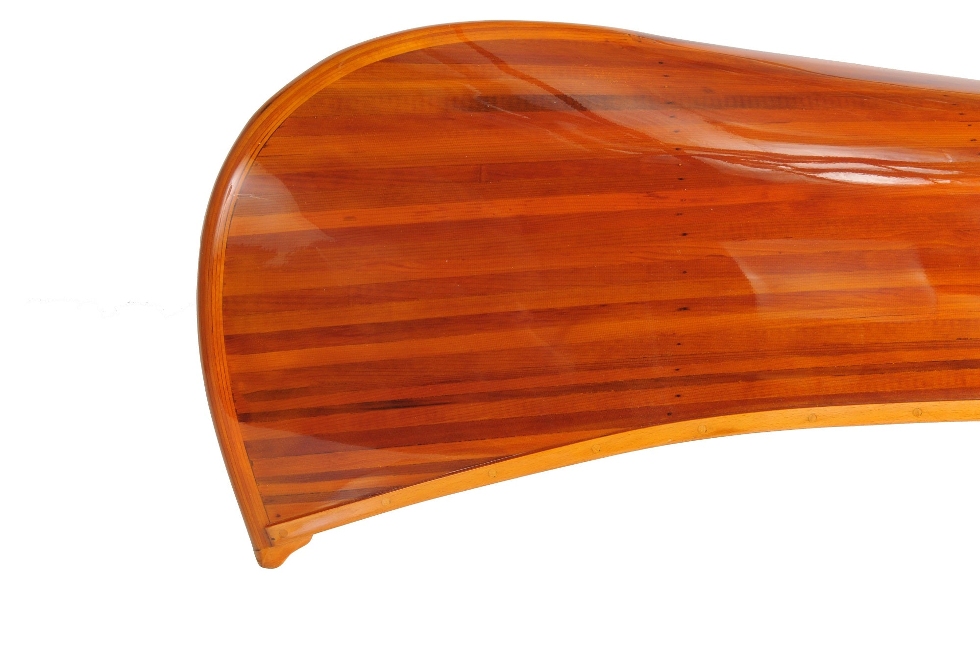 Handcrafted wooden display half canoe with glossy epoxy finish, showcasing rich wood tones, perfect for home decor.