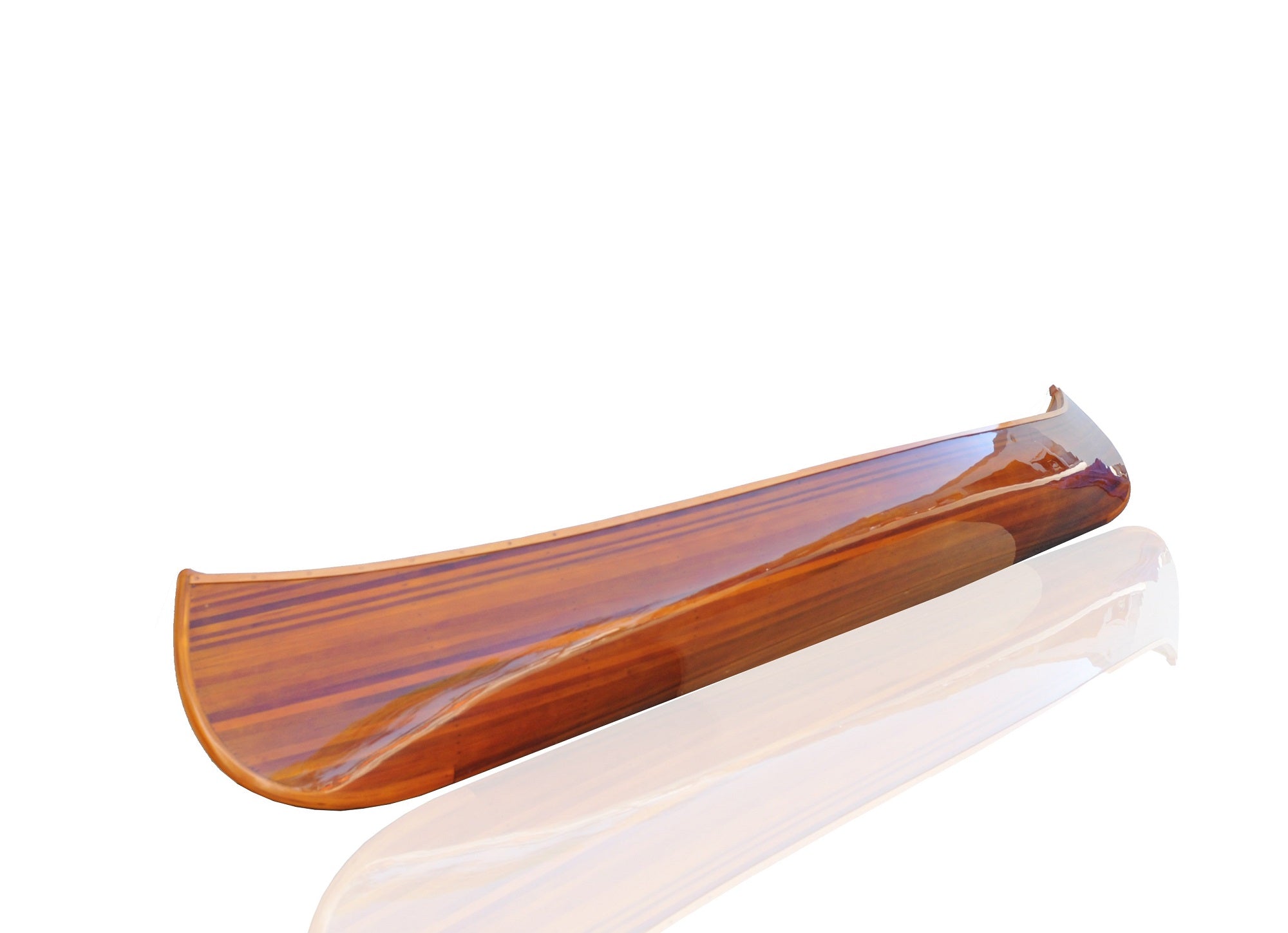 Handcrafted wooden display half canoe with glossy epoxy finish, showcasing rich wood tones, perfect for home decor.