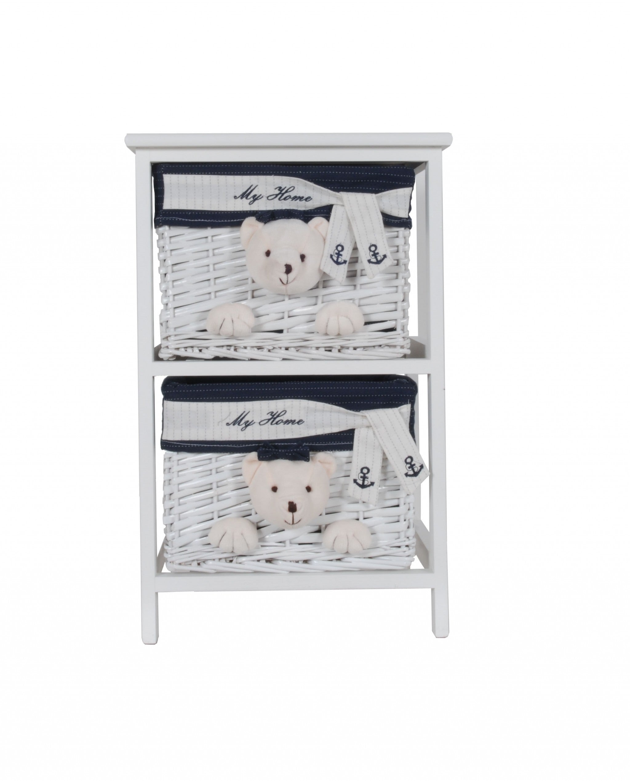 Portable two drawers in white and blue with bear designs, perfect for children's toy storage.