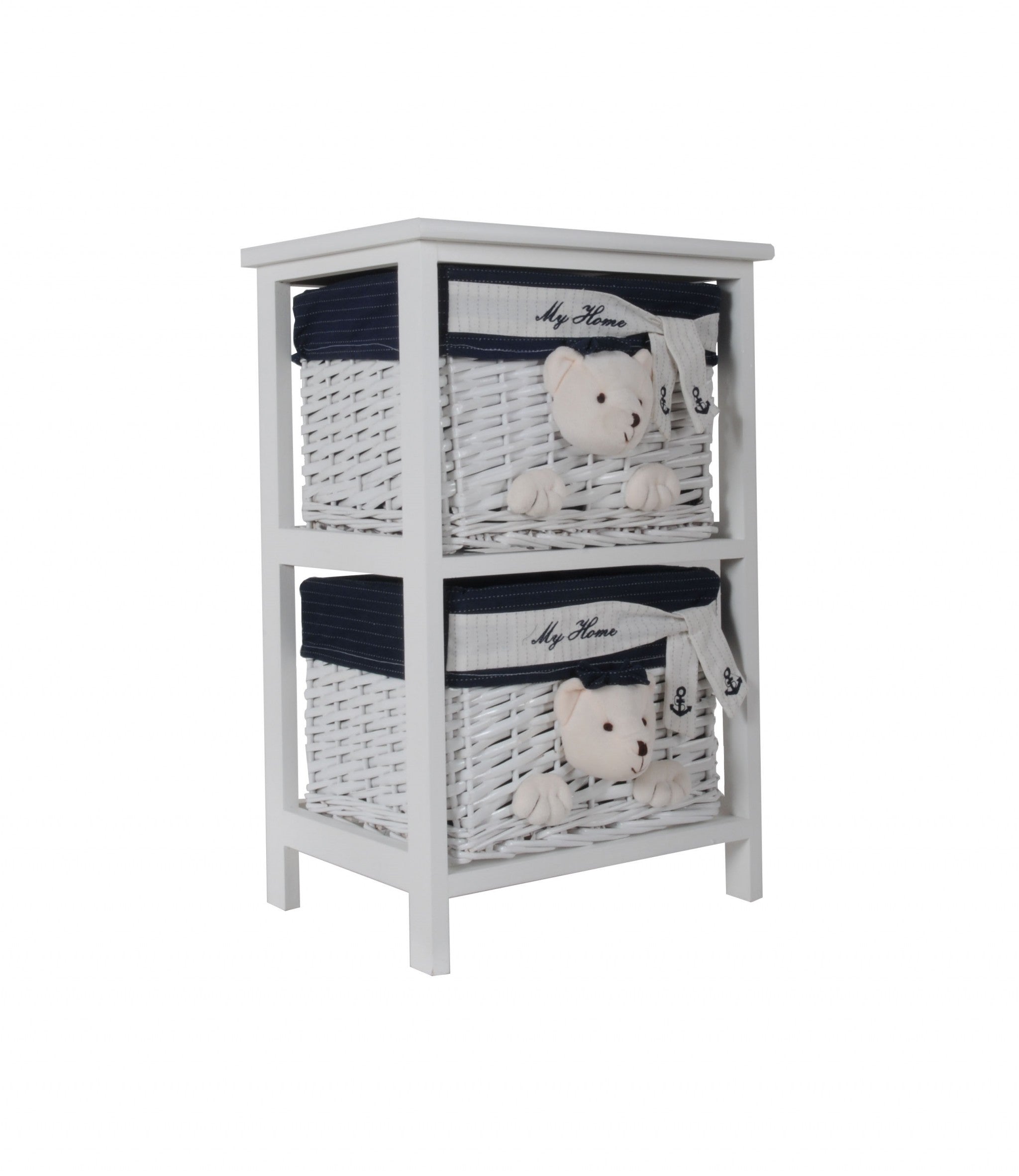 Portable two drawers in white and blue with bear designs, perfect for children's toy storage.