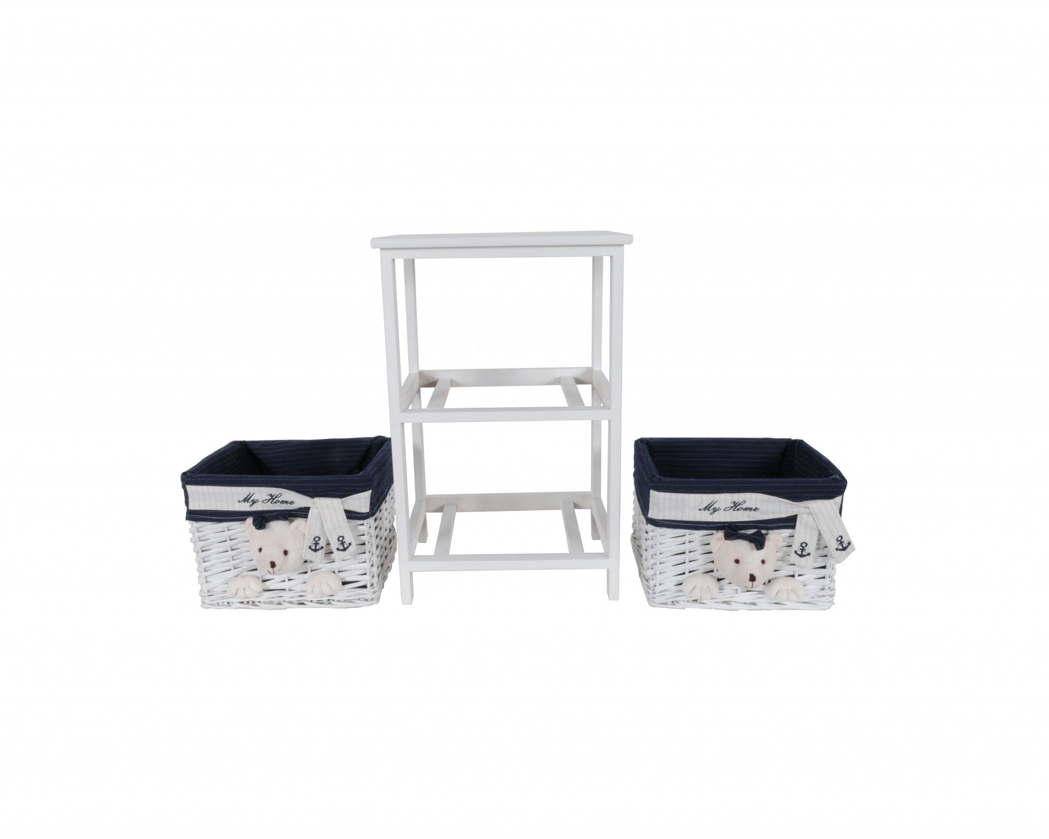 Portable two drawers in white and blue with bear designs, perfect for children's toy storage.