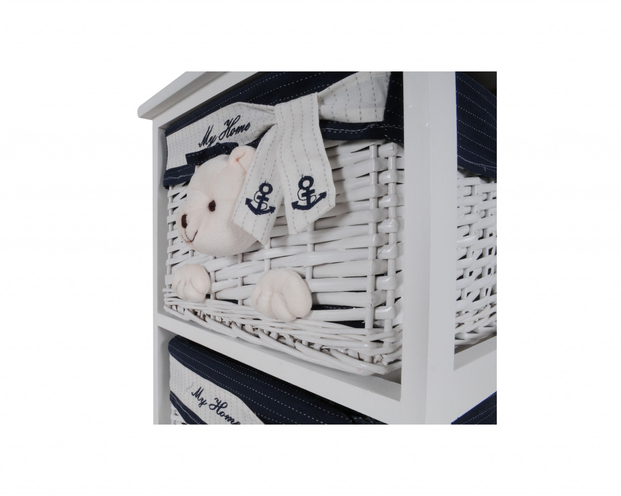 Portable two drawers in white and blue with bear designs, perfect for children's toy storage.