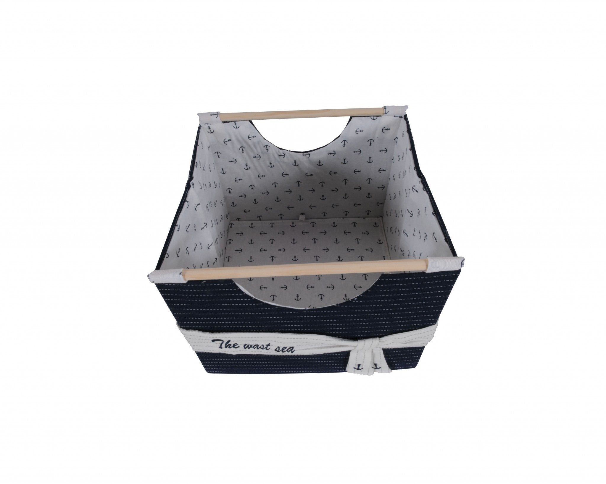 Set of three foldable fabric baskets in white and blue, perfect for organizing various items in your home.