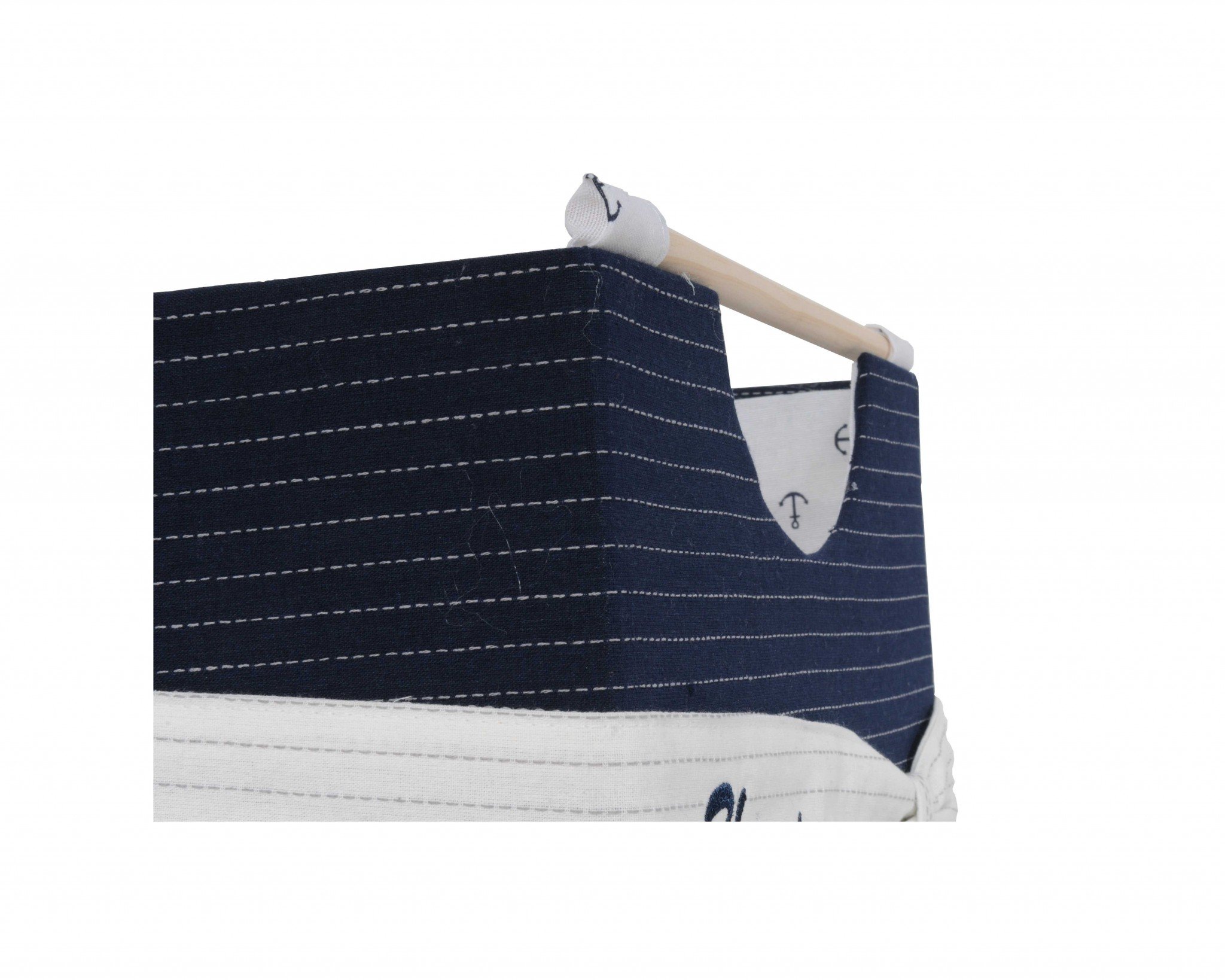 Set of three foldable fabric baskets in white and blue, perfect for organizing various items in your home.