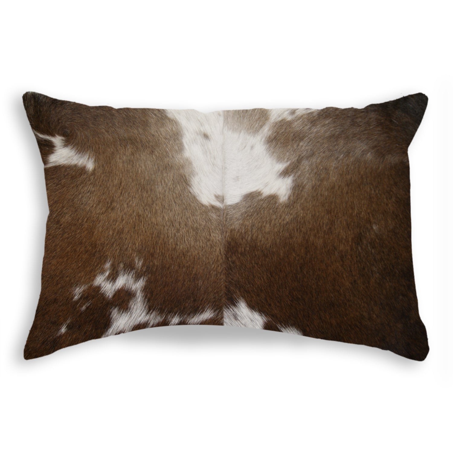 12x20 inches Chocolate and White Torino Kobe Cowhide pillow, showcasing unique mottling and luxurious texture.