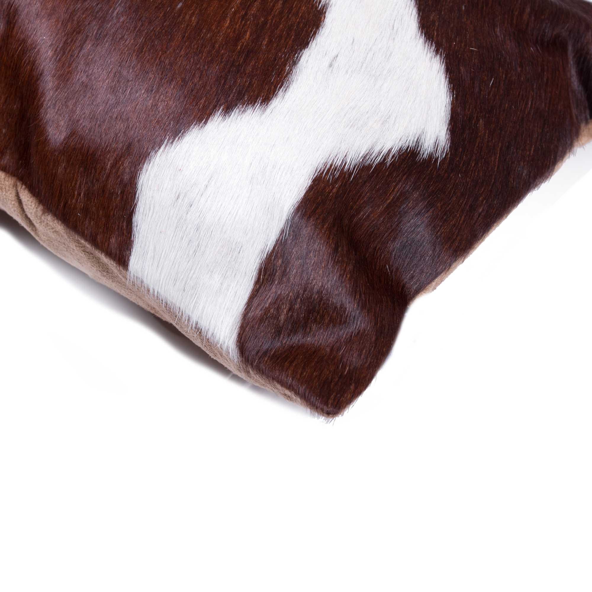 12x20 inches Chocolate and White Torino Kobe Cowhide pillow, showcasing unique mottling and luxurious texture.