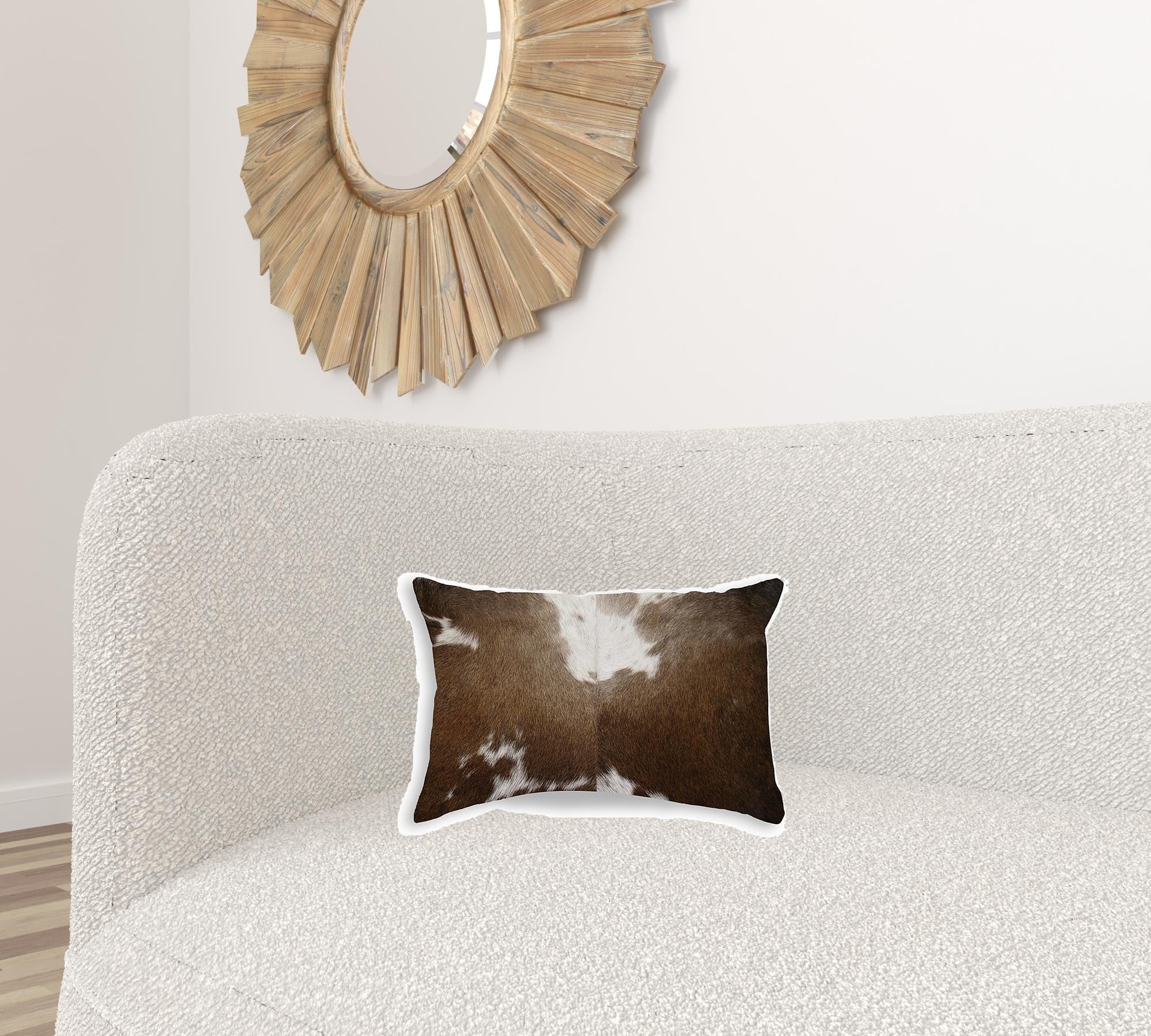 12x20 inches Chocolate and White Torino Kobe Cowhide pillow, showcasing unique mottling and luxurious texture.