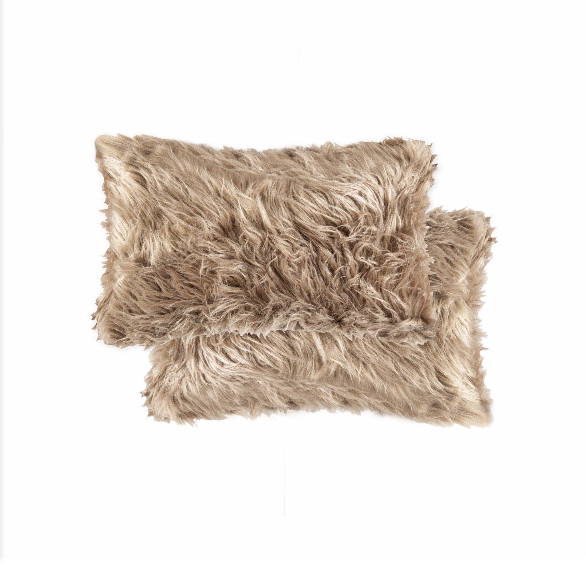 Two luxurious tan faux fur pillows, 12x20 inches, showcasing plush texture and elegant design, perfect for home decor.