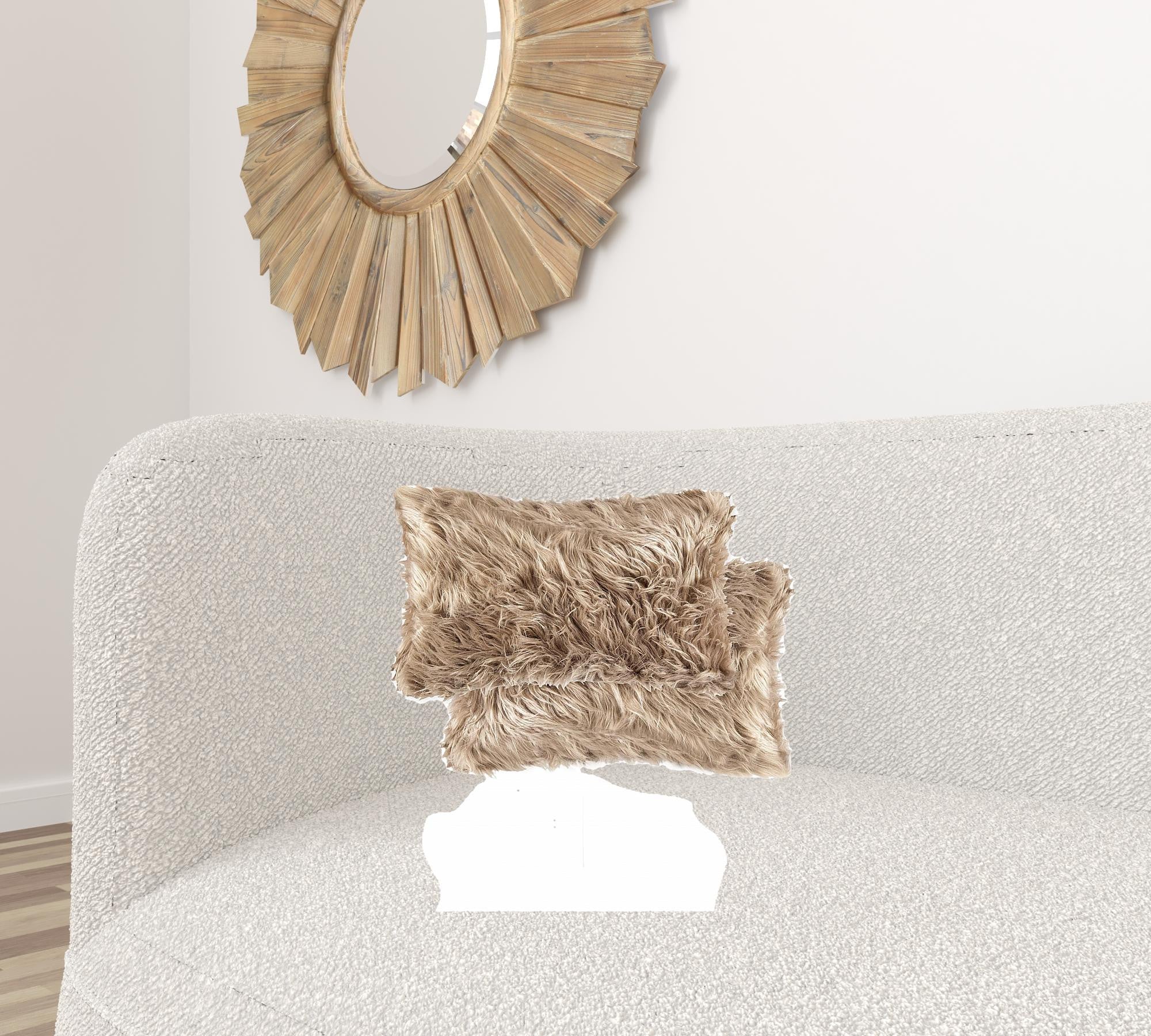 Two luxurious tan faux fur pillows, 12x20 inches, showcasing plush texture and elegant design, perfect for home decor.