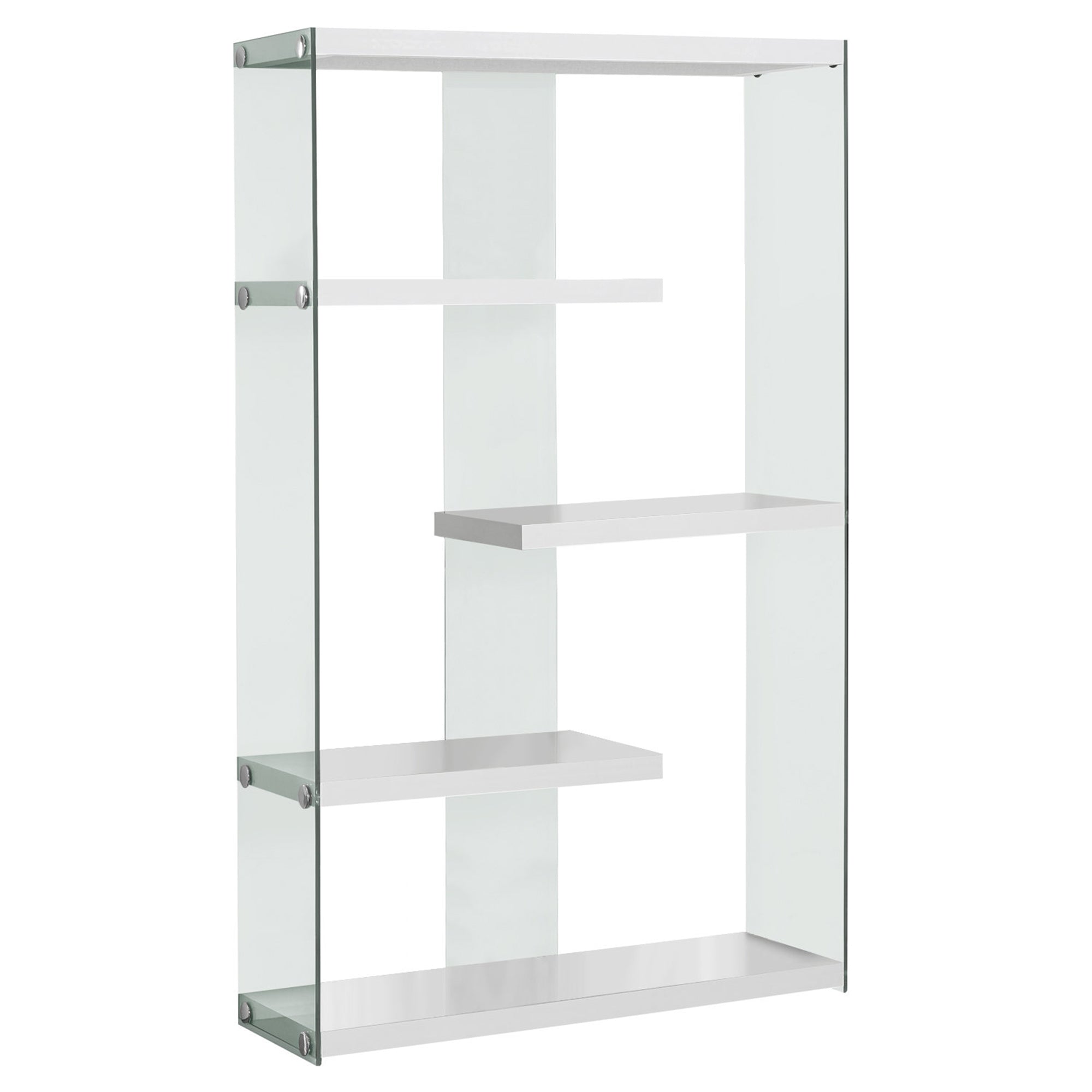 A modern white clear particle board tempered glass bookcase with five shelves, showcasing a contemporary design suitable for any room.