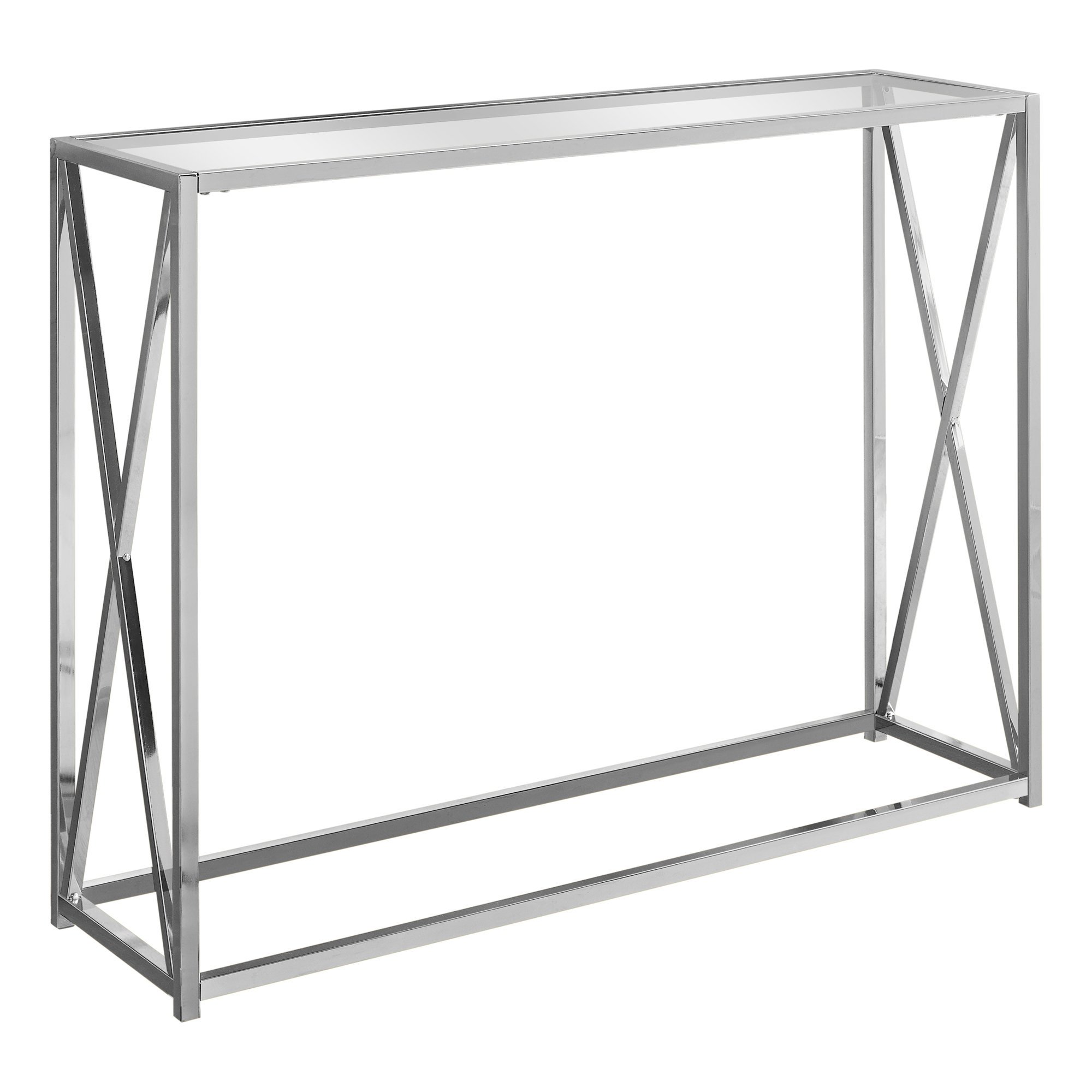 A sleek chrome clear metal tempered glass accent table, measuring 12x42.25x32.25 inches, showcasing a modern design perfect for any living space.