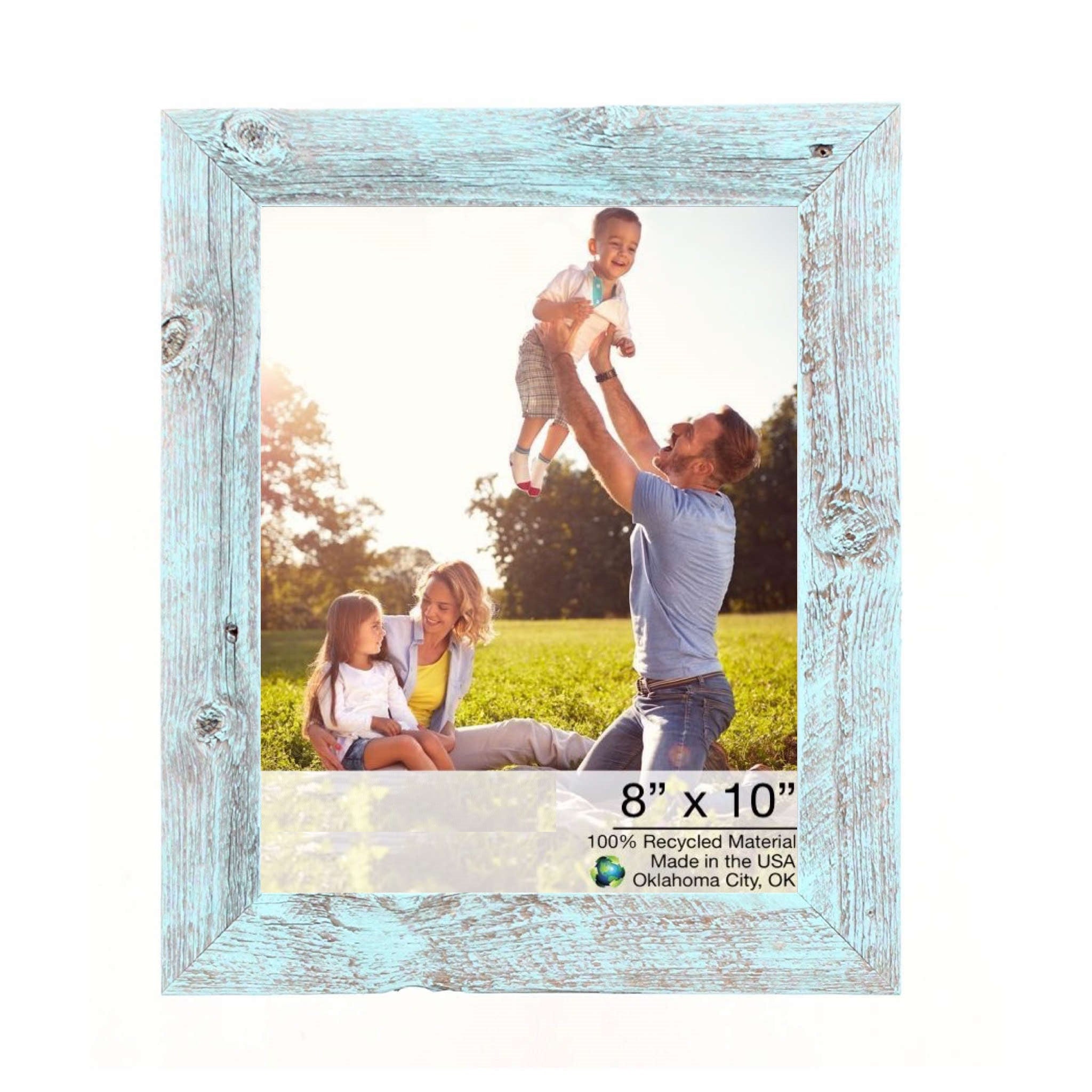 A rustic blue picture frame measuring 12x13 inches, handcrafted from reclaimed wood, showcasing an 8x10 photo.