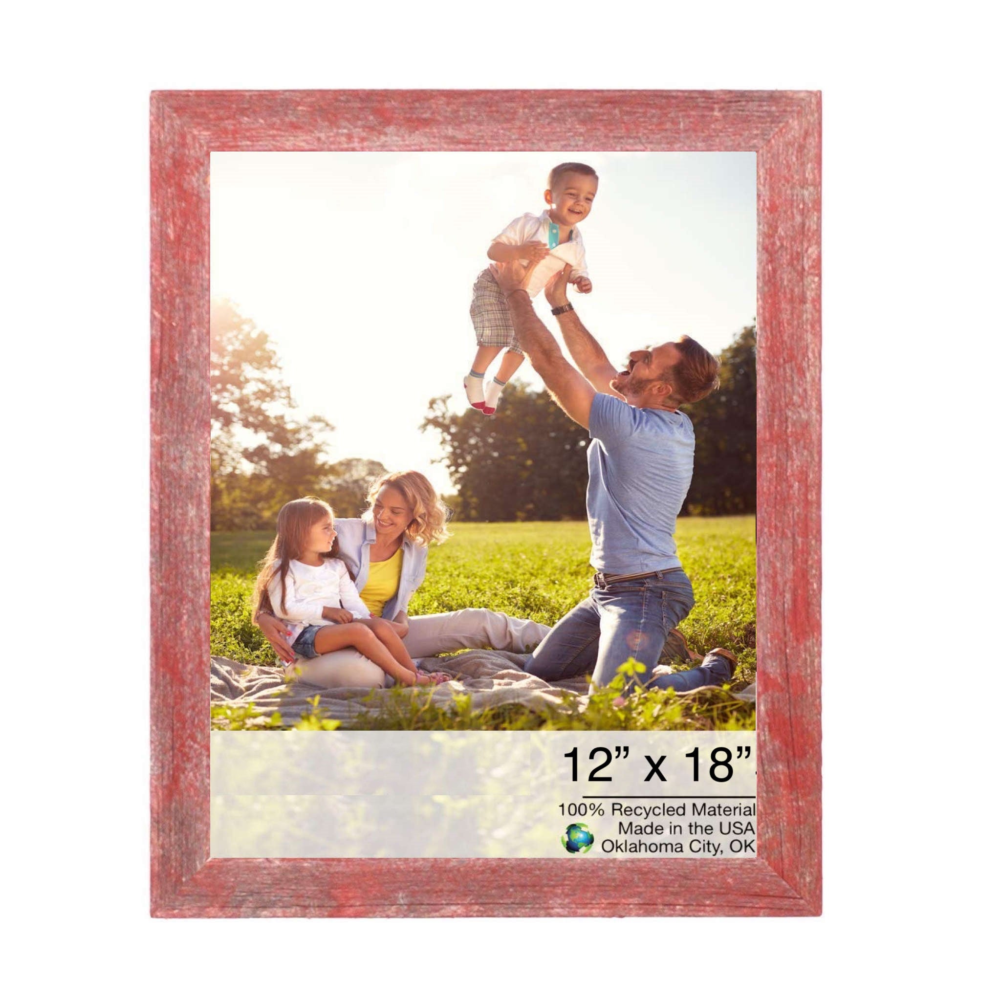 A handcrafted 12x18 rustic red picture frame made from reclaimed wood, showcasing a unique and charming design.