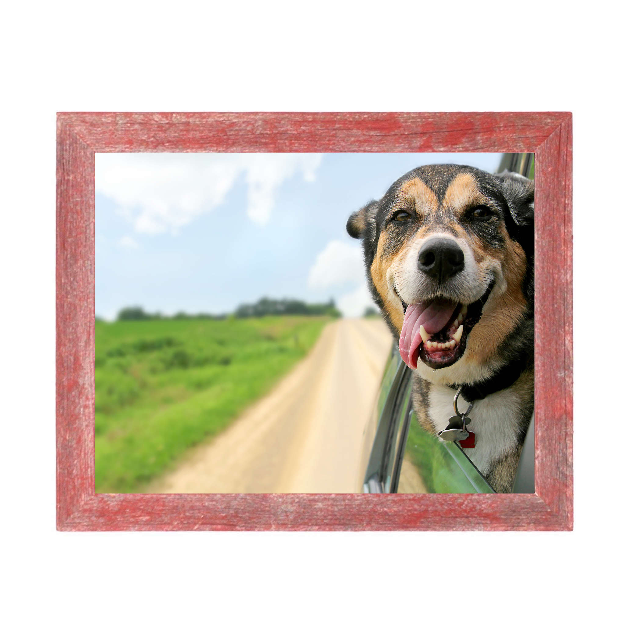 A handcrafted 12x18 rustic red picture frame made from reclaimed wood, showcasing a unique and charming design.