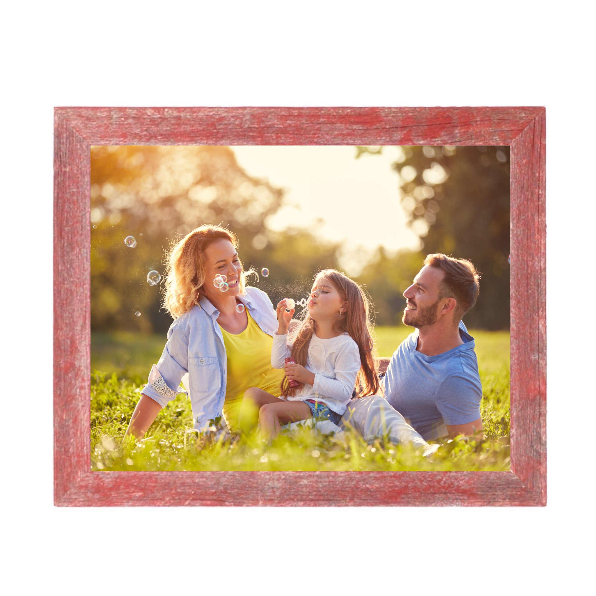 A handcrafted 12x18 rustic red picture frame made from reclaimed wood, showcasing a unique and charming design.