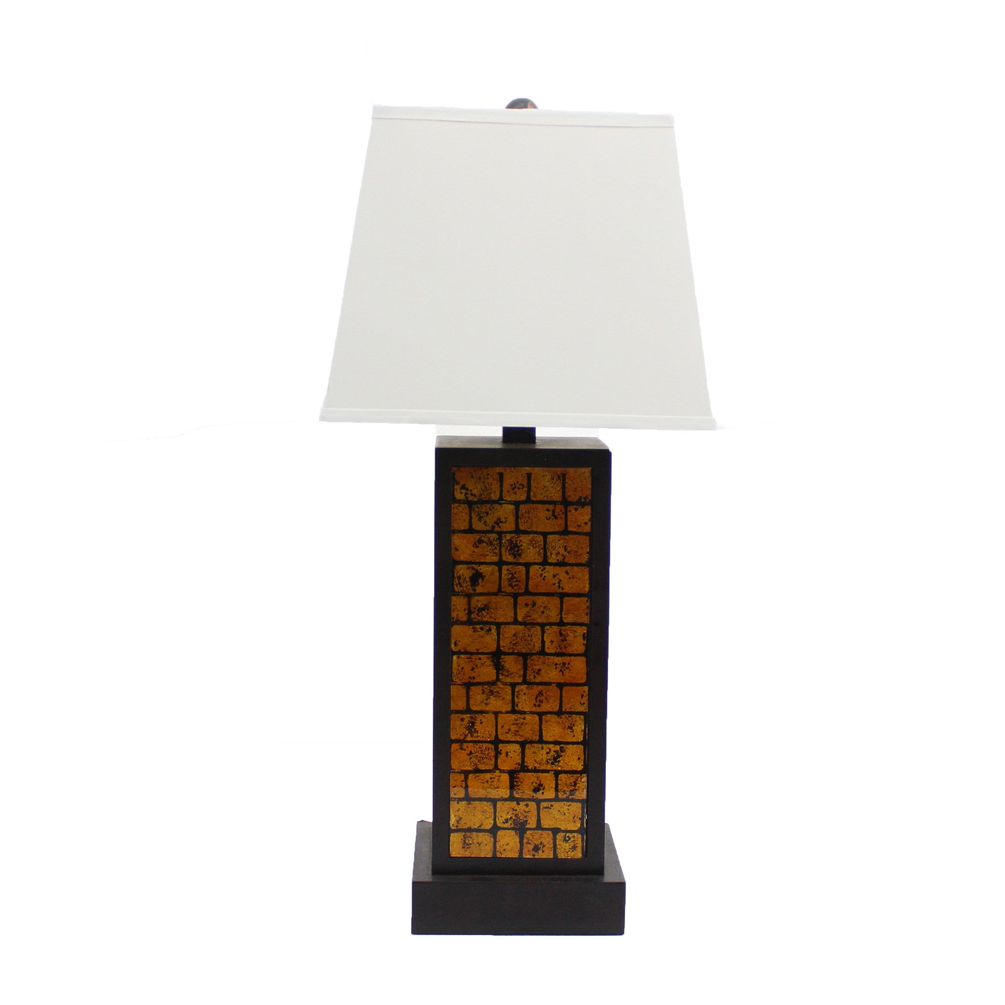 A contemporary black metal table lamp featuring a vibrant yellow brick pattern base and a white linen shade, perfect for modern home decor.