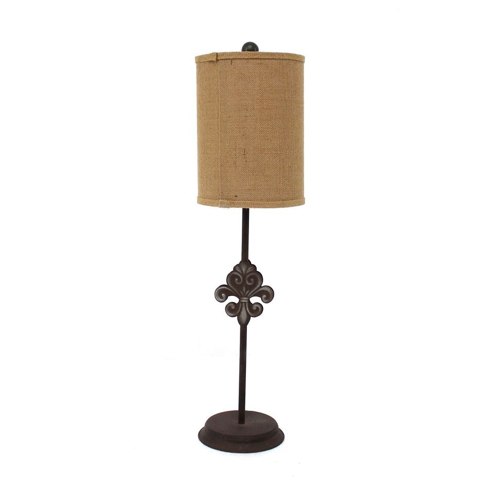 A bronze traditional table lamp featuring a fleur-de-lis metal base and a round khaki linen shade, standing 31 inches tall.