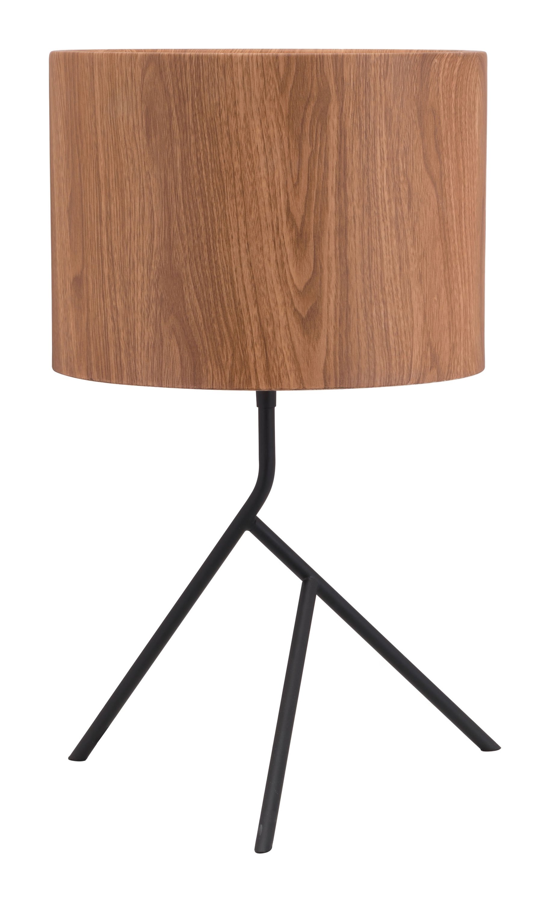 A stylish brown steel table lamp with a wood grain painted shade and an asymmetrical tripod base, perfect for accent or bedside tables.