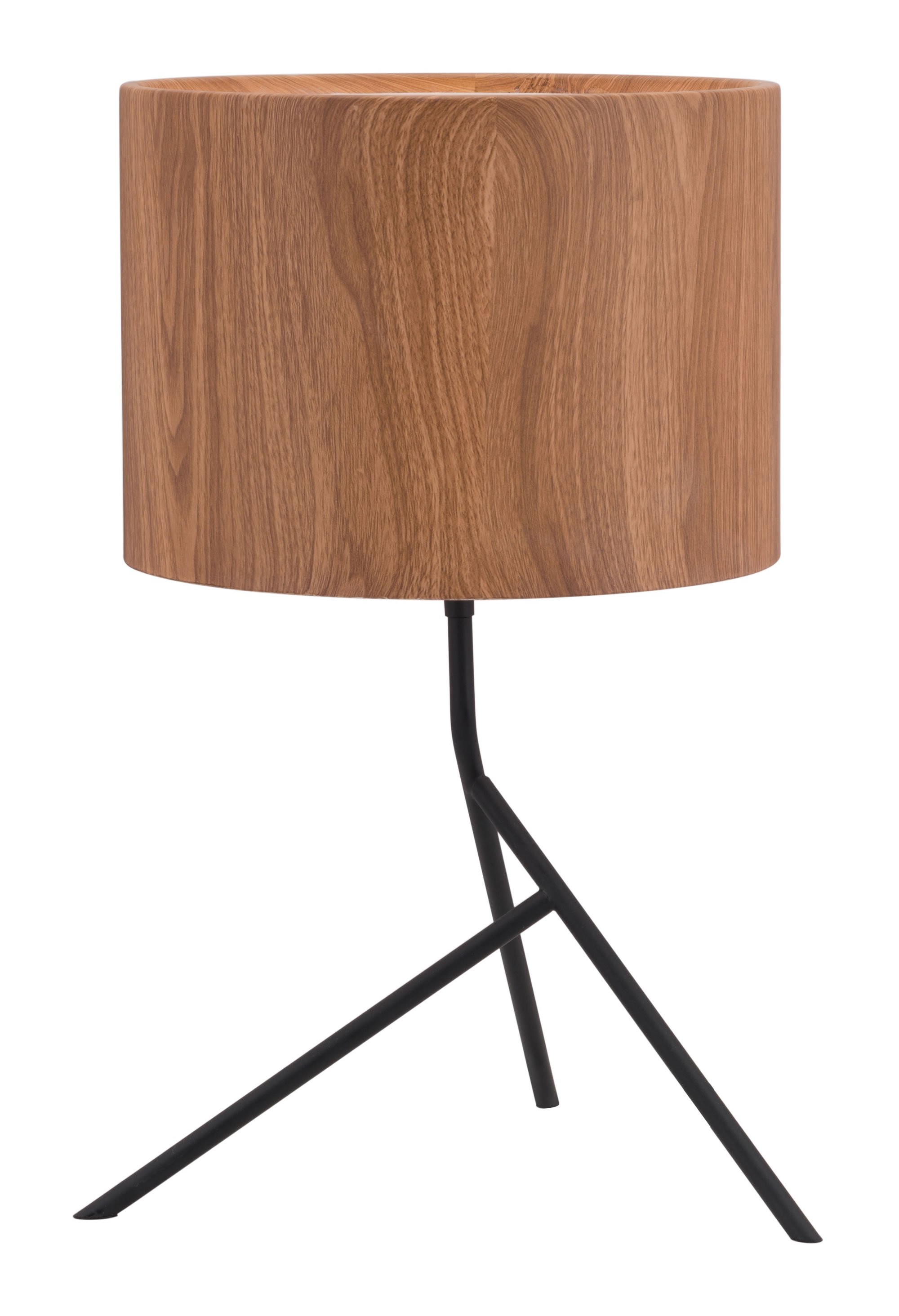 A stylish brown steel table lamp with a wood grain painted shade and an asymmetrical tripod base, perfect for accent or bedside tables.