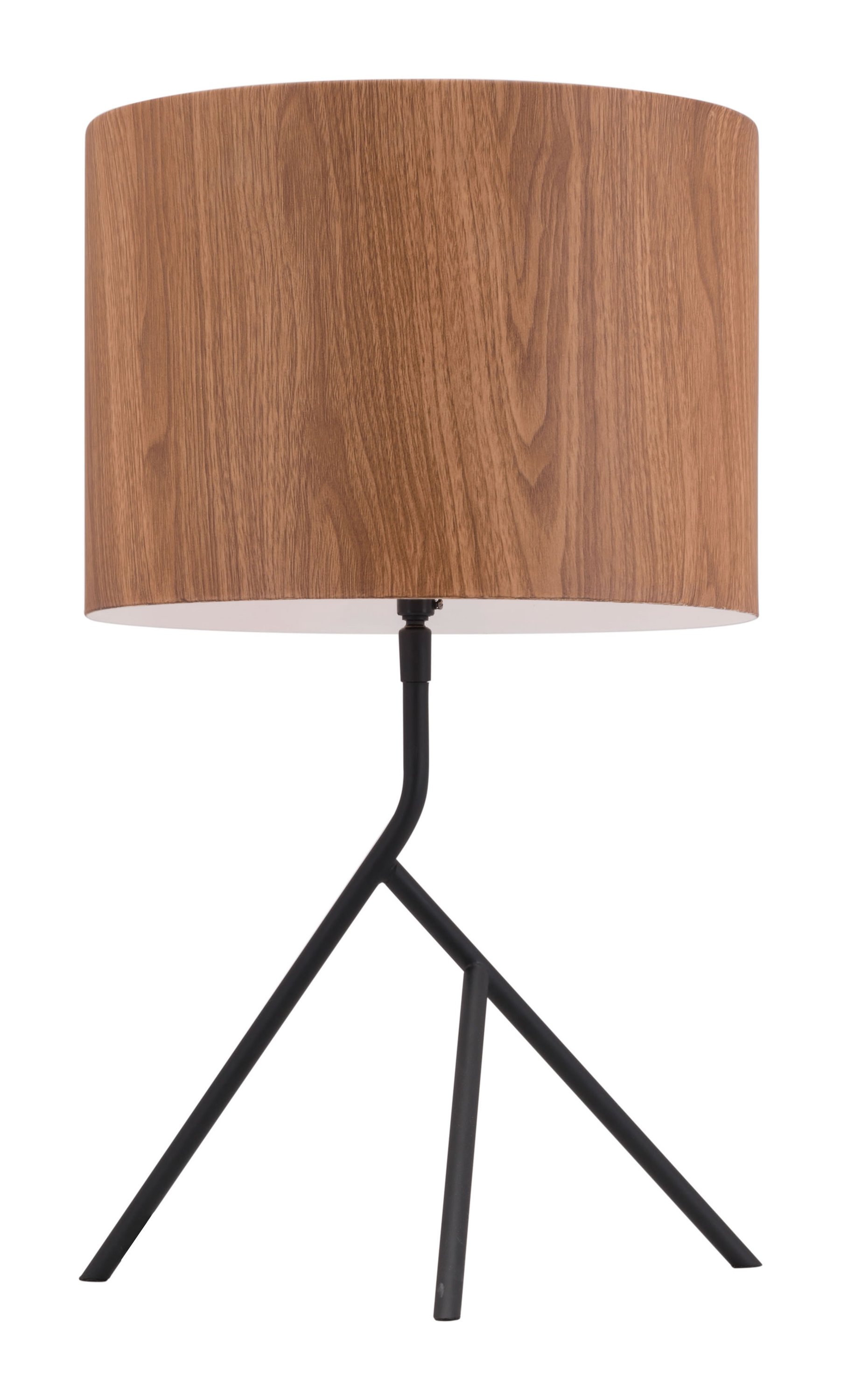 A stylish brown steel table lamp with a wood grain painted shade and an asymmetrical tripod base, perfect for accent or bedside tables.