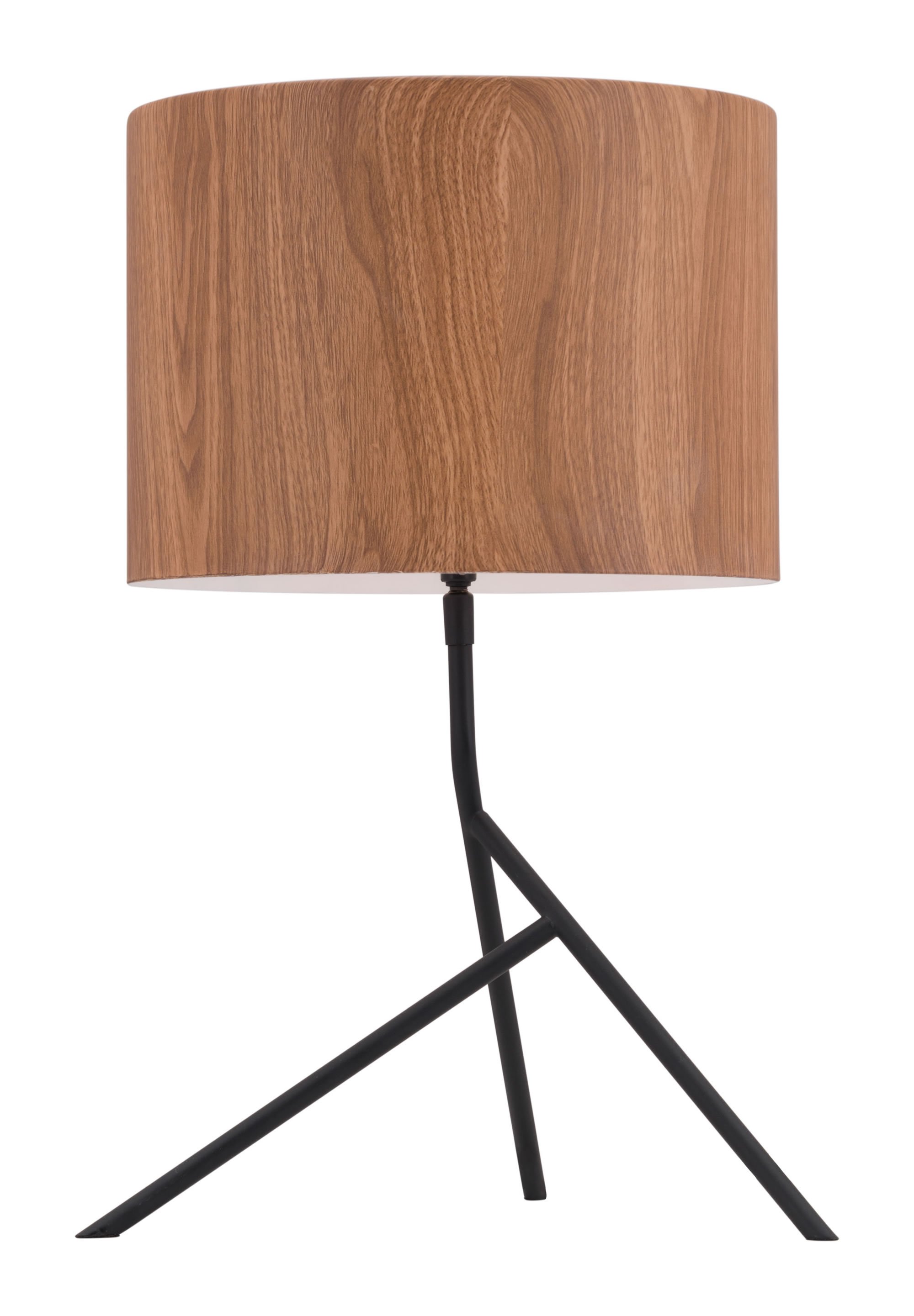 A stylish brown steel table lamp with a wood grain painted shade and an asymmetrical tripod base, perfect for accent or bedside tables.