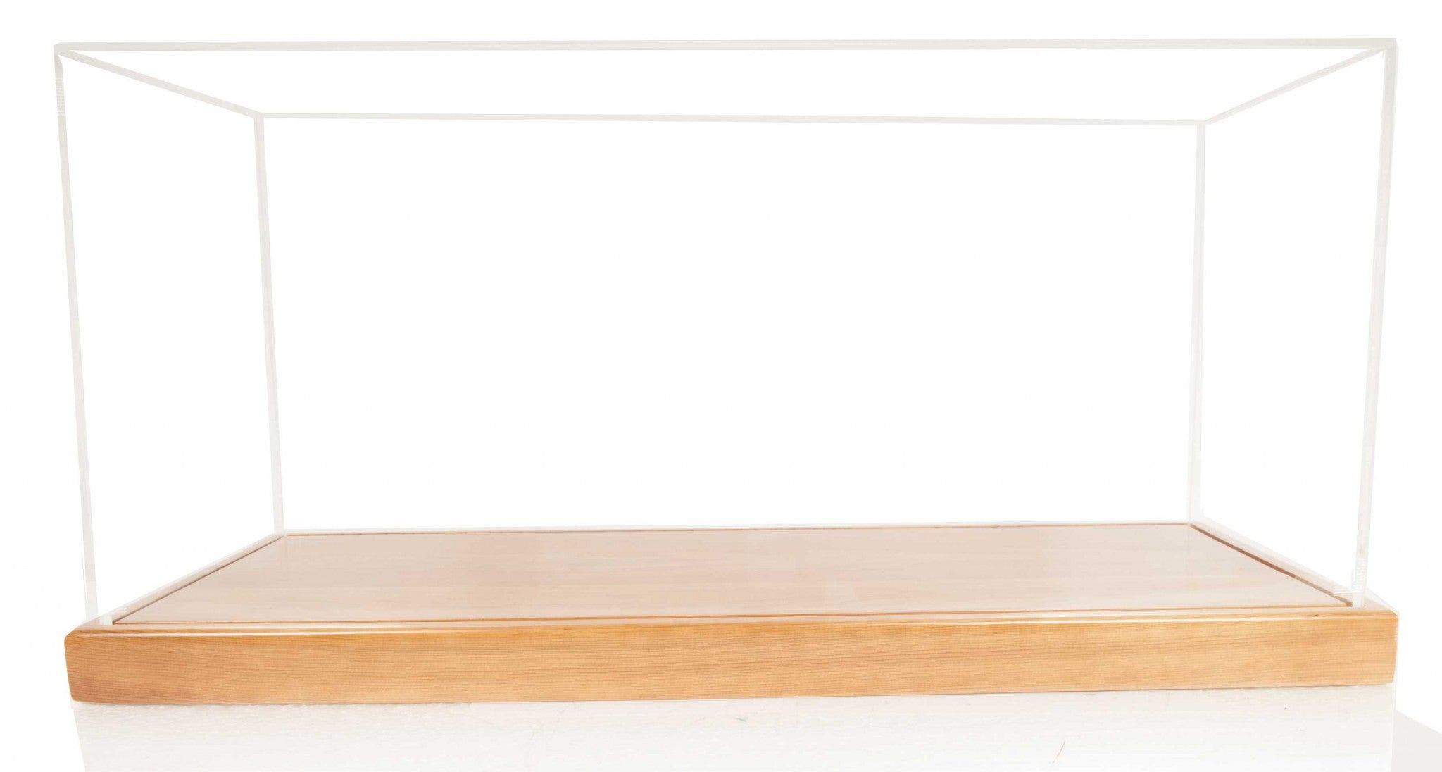 Elegant hardwood display case with plexiglass panels showcasing a midsize speedboat, perfect for collectors.