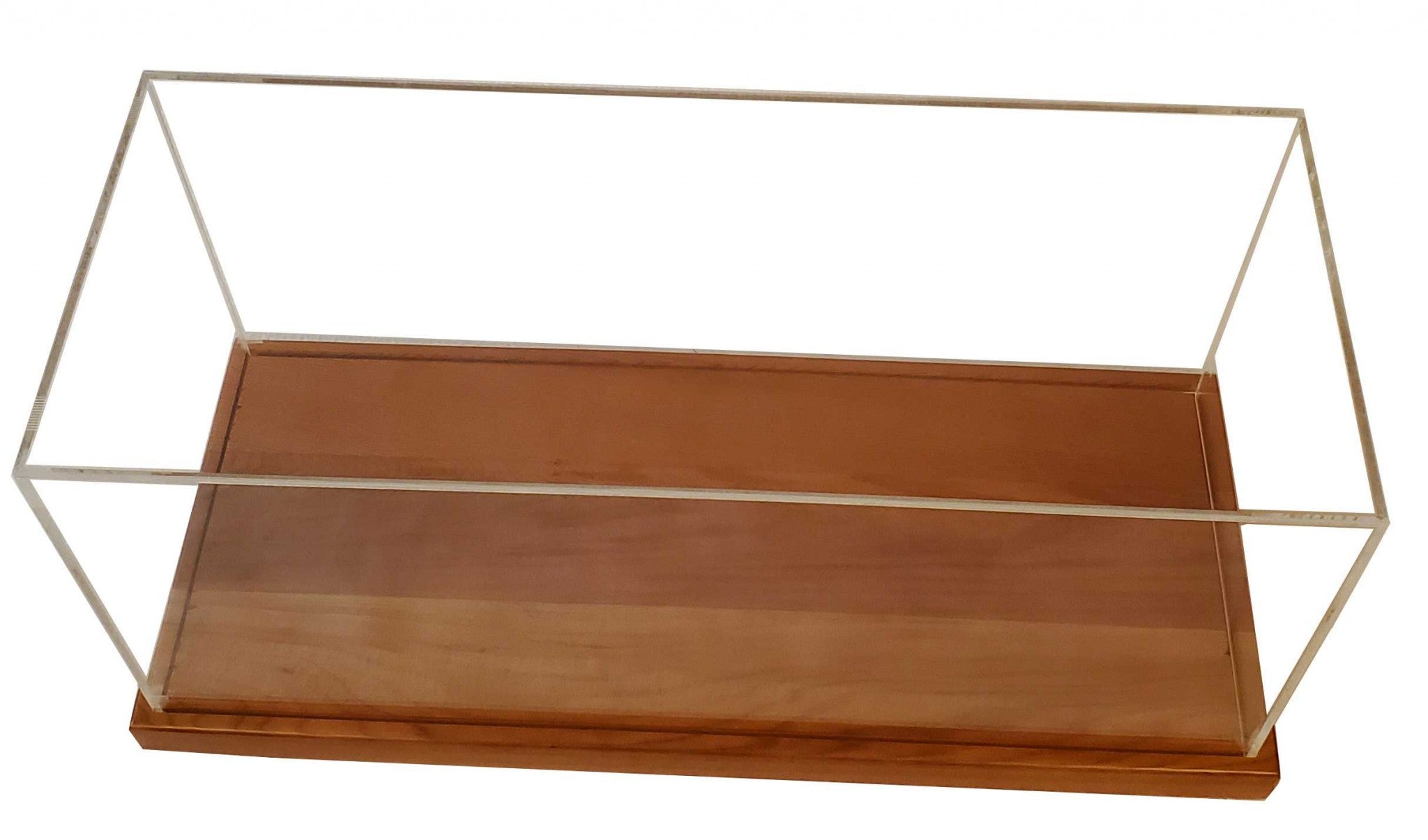 Elegant hardwood display case with plexiglass panels showcasing a midsize speedboat, perfect for collectors.