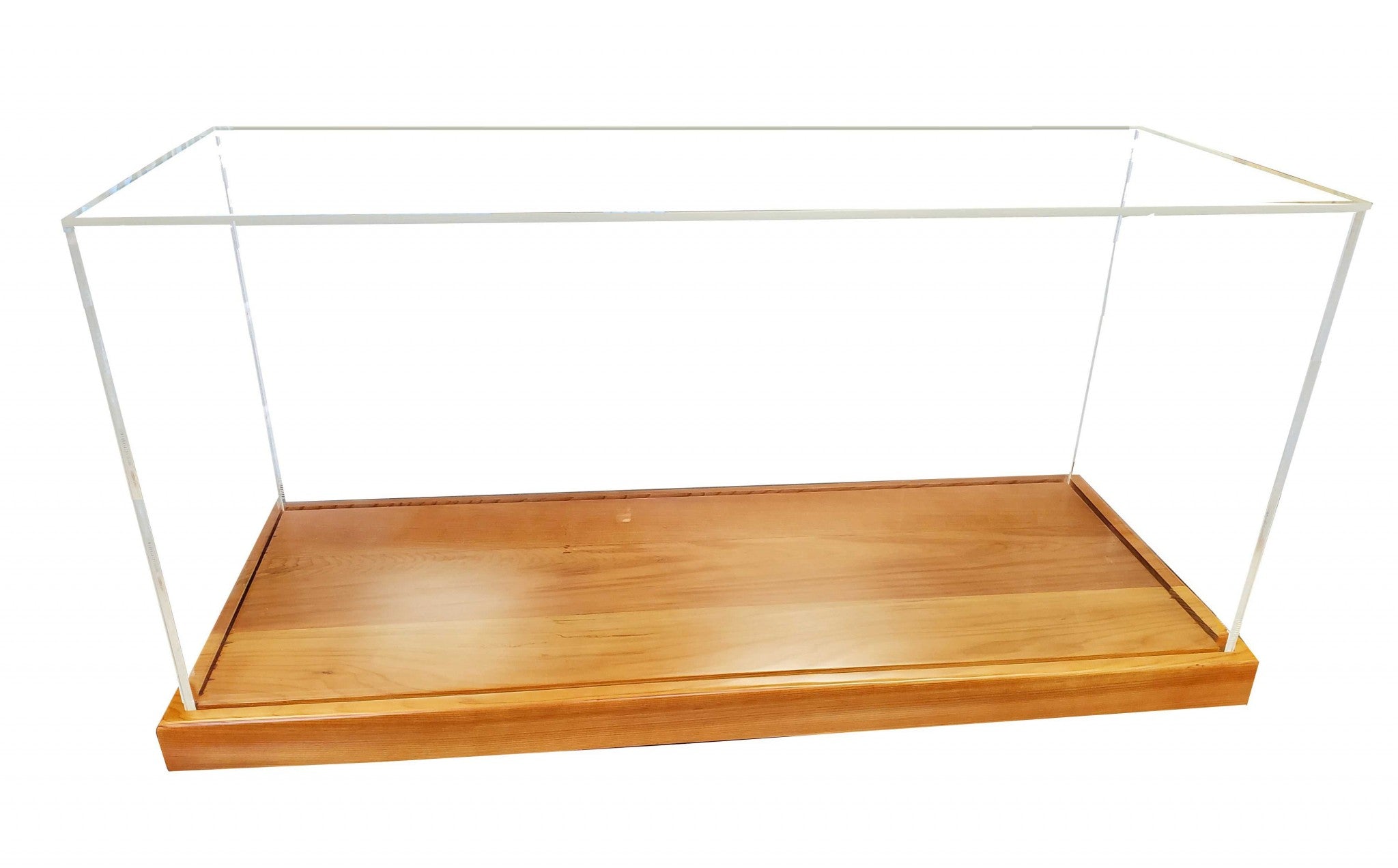 Elegant hardwood display case with plexiglass panels showcasing a midsize speedboat, perfect for collectors.