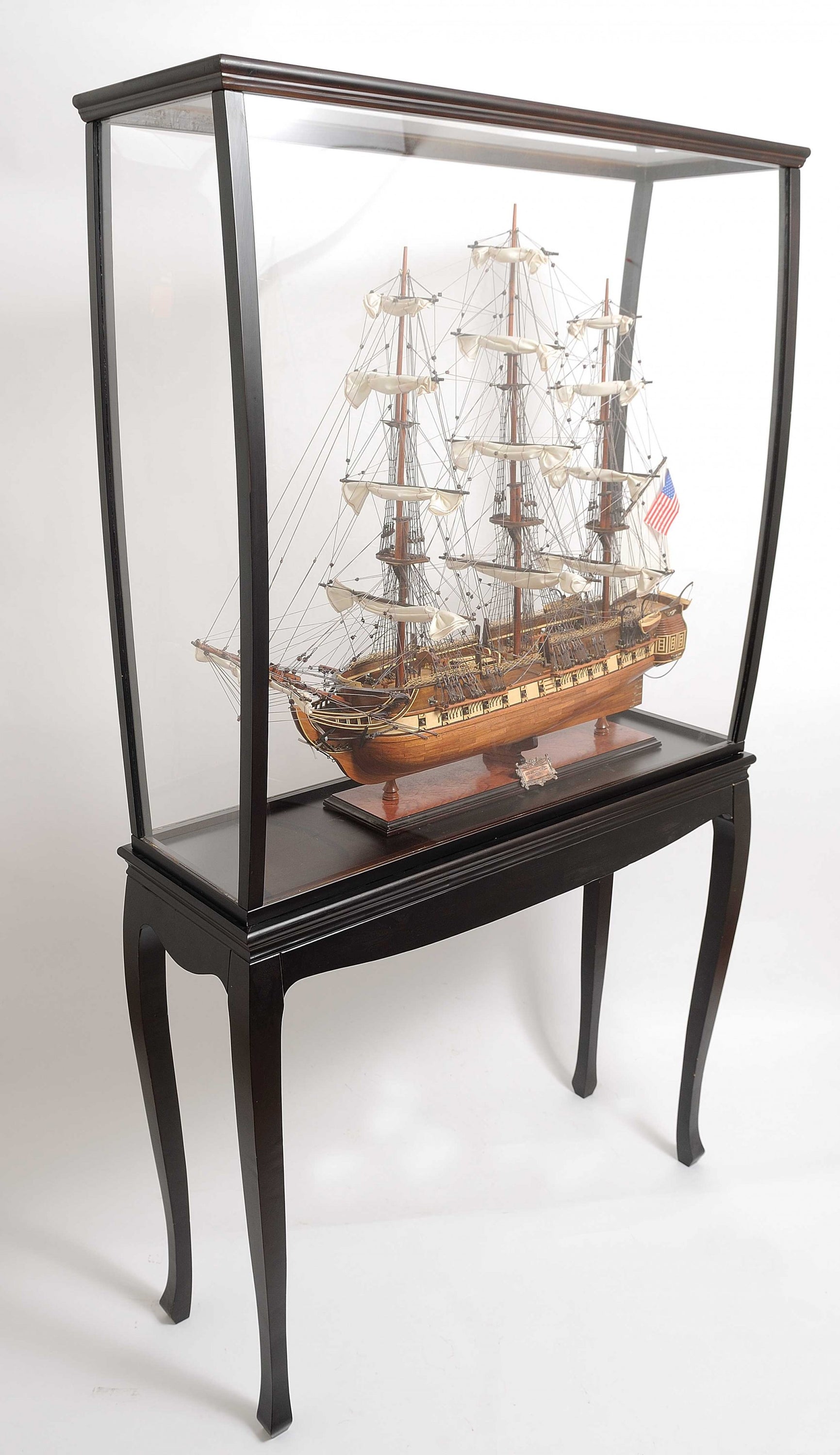 Elegant 69-inch floor display case made of hardwood with dark mahogany finish and plexiglass panels, showcasing tall ship models.