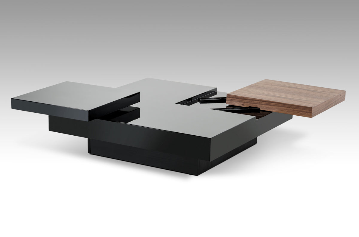 A stylish 13-inch coffee table made of walnut and black MDF and veneer, featuring a contemporary design with shelves for storage.