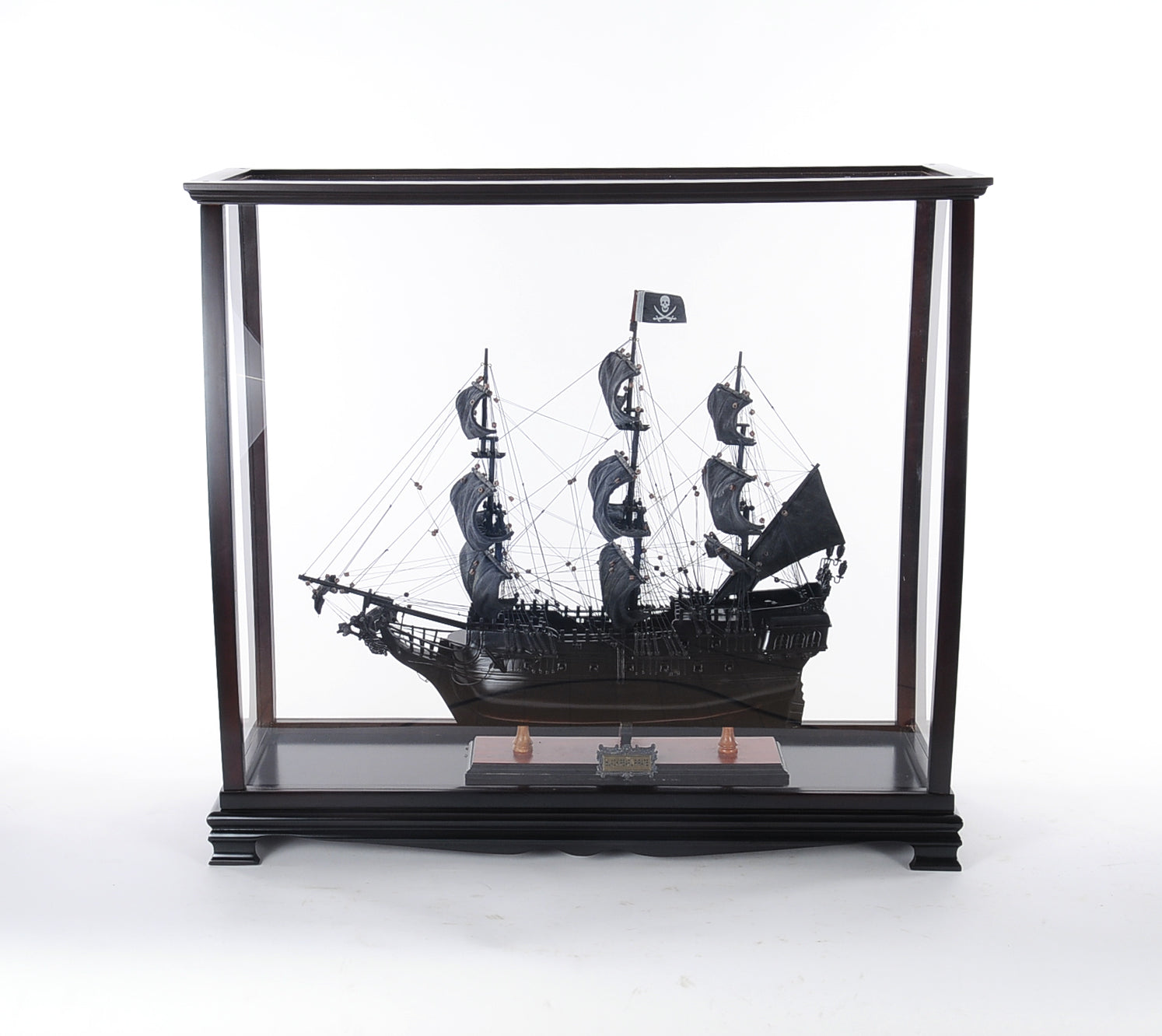 Elegant medium display case for tall ships, made of hardwood with dark mahogany finish, featuring plexiglass panels for visibility and protection.