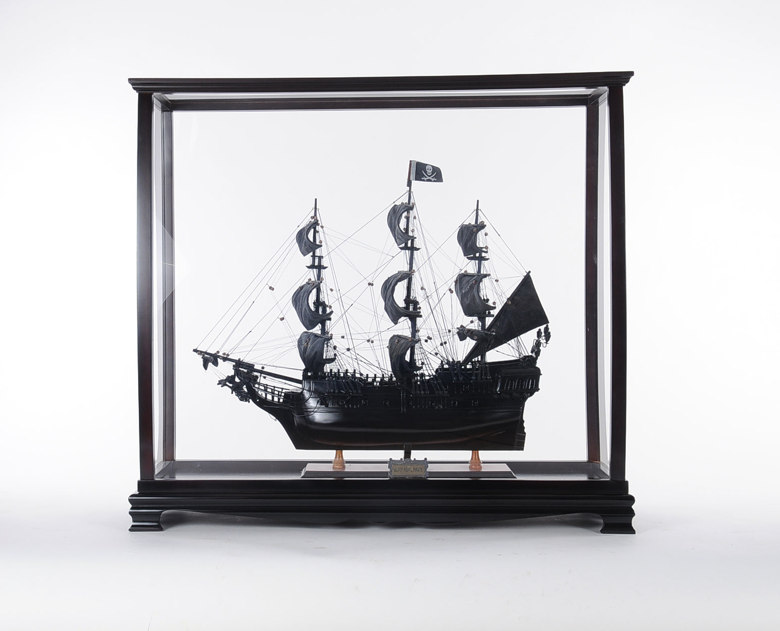 Elegant medium display case for tall ships, made of hardwood with dark mahogany finish, featuring plexiglass panels for visibility and protection.