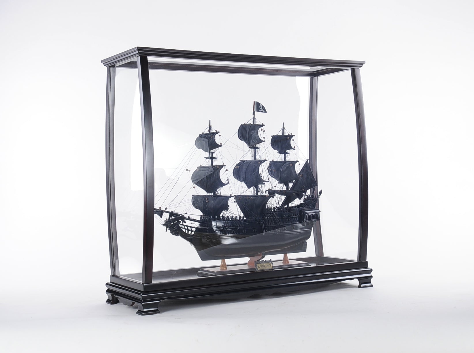 Elegant medium display case for tall ships, made of hardwood with dark mahogany finish, featuring plexiglass panels for visibility and protection.