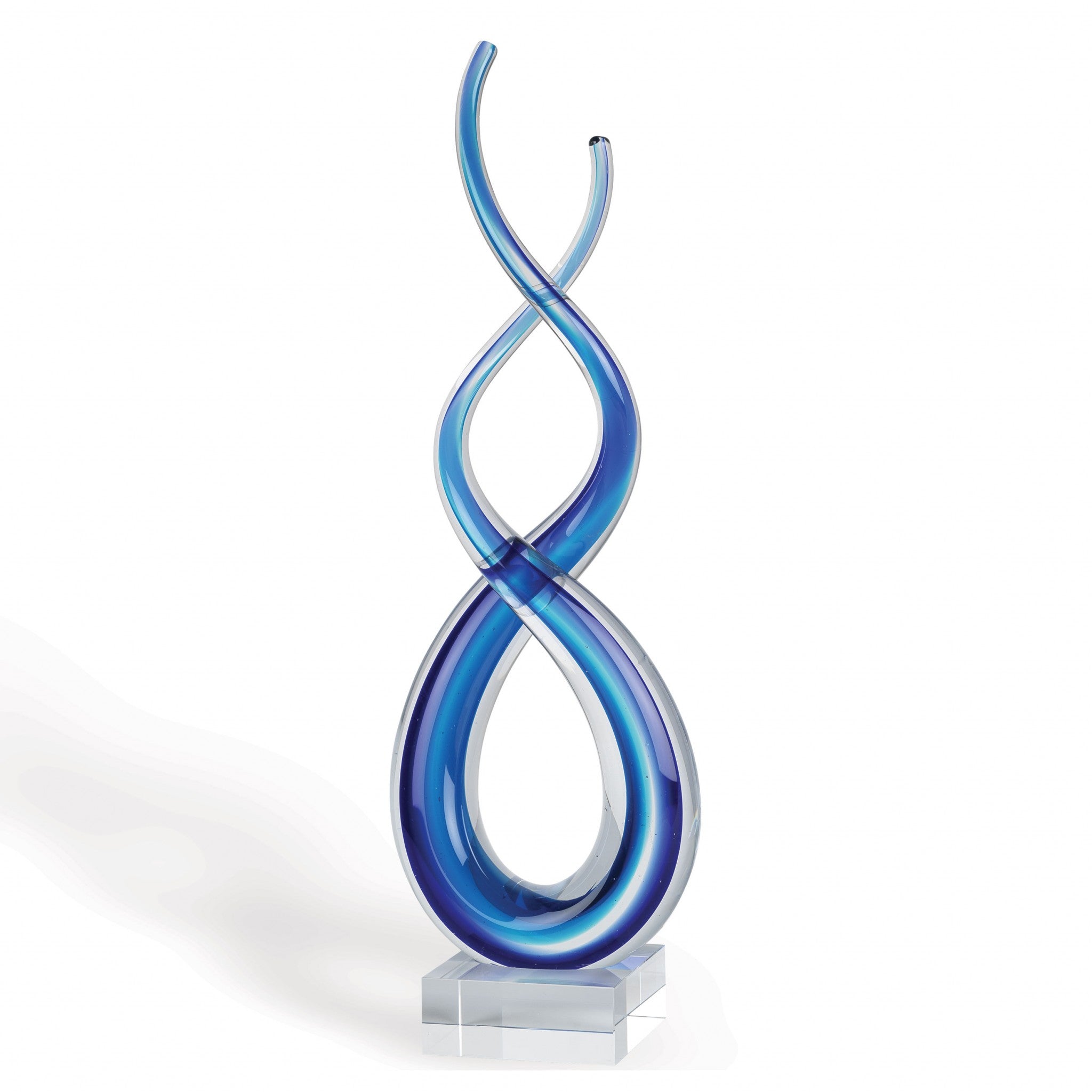 14-inch contemporary blue art glass centerpiece with twisting design on a clear crystal base, showcasing vibrant blue hues.