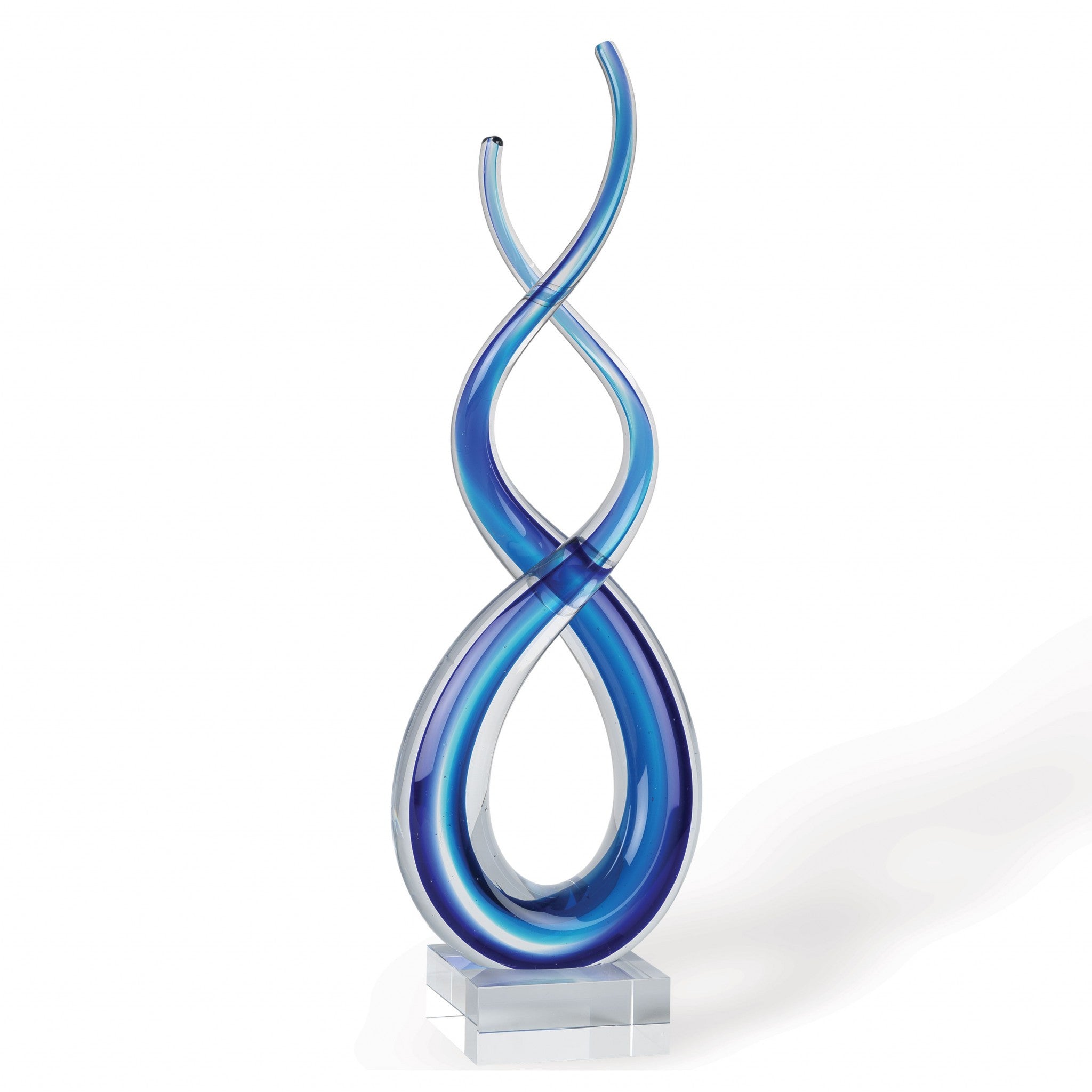 14-inch contemporary blue art glass centerpiece with twisting design on a clear crystal base, showcasing vibrant blue hues.