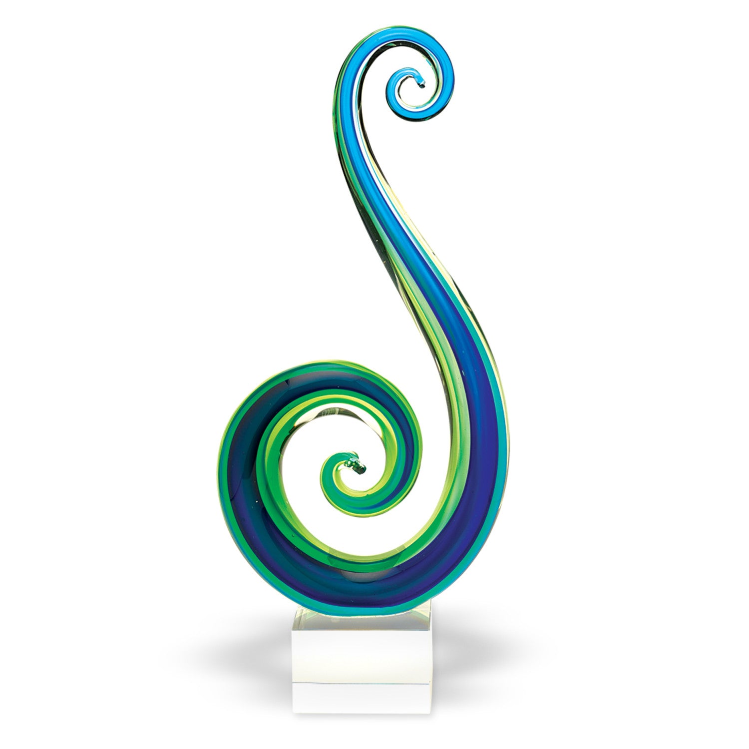 A stunning 14 mouth blown art glass centerpiece in blue and green colors, elegantly displayed on a base, showcasing its unique craftsmanship.