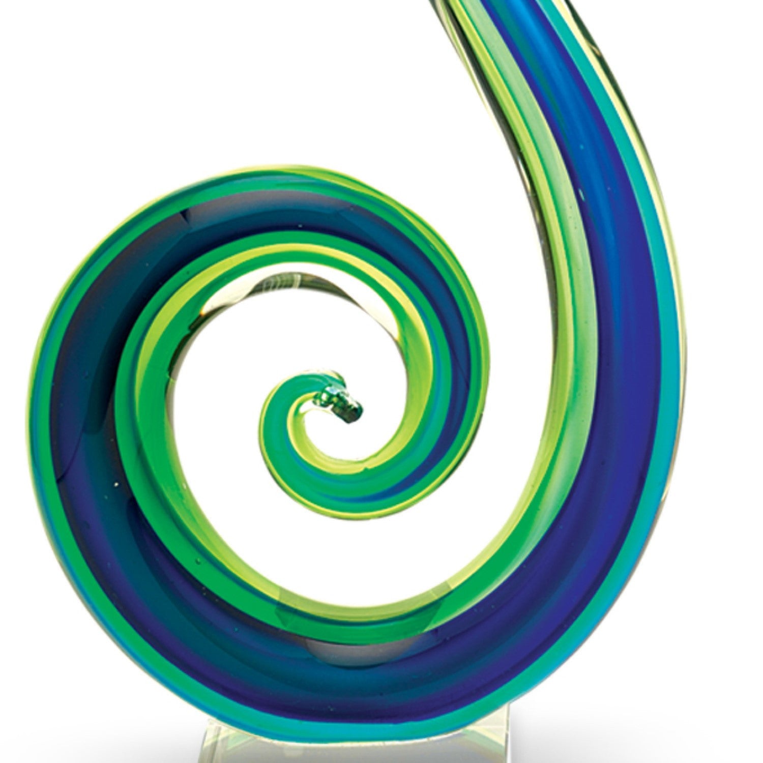 A stunning 14 mouth blown art glass centerpiece in blue and green colors, elegantly displayed on a base, showcasing its unique craftsmanship.