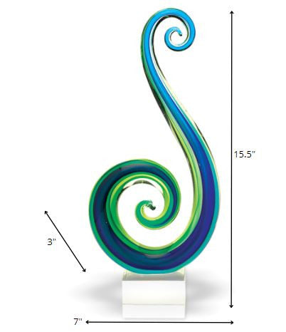 A stunning 14 mouth blown art glass centerpiece in blue and green colors, elegantly displayed on a base, showcasing its unique craftsmanship.