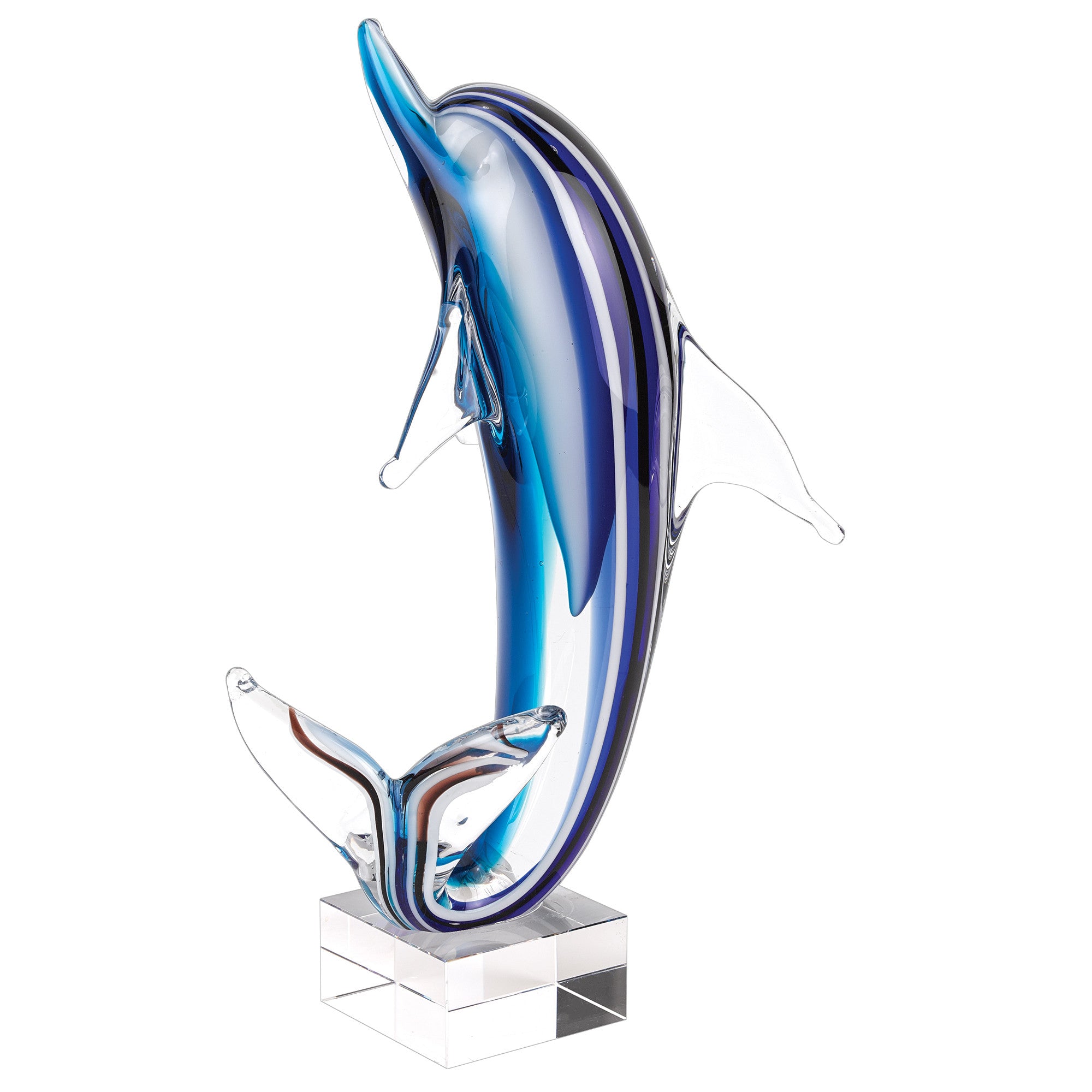 A stunning 14-inch tall mouth blown blue dolphin art glass on a clear base, showcasing vibrant colors and elegant design.