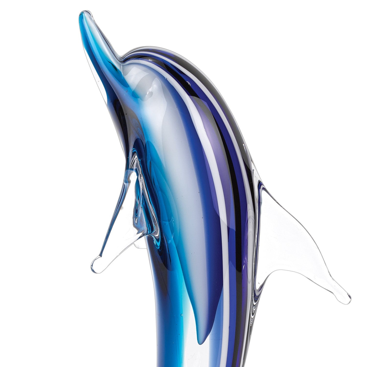 A stunning 14-inch tall mouth blown blue dolphin art glass on a clear base, showcasing vibrant colors and elegant design.