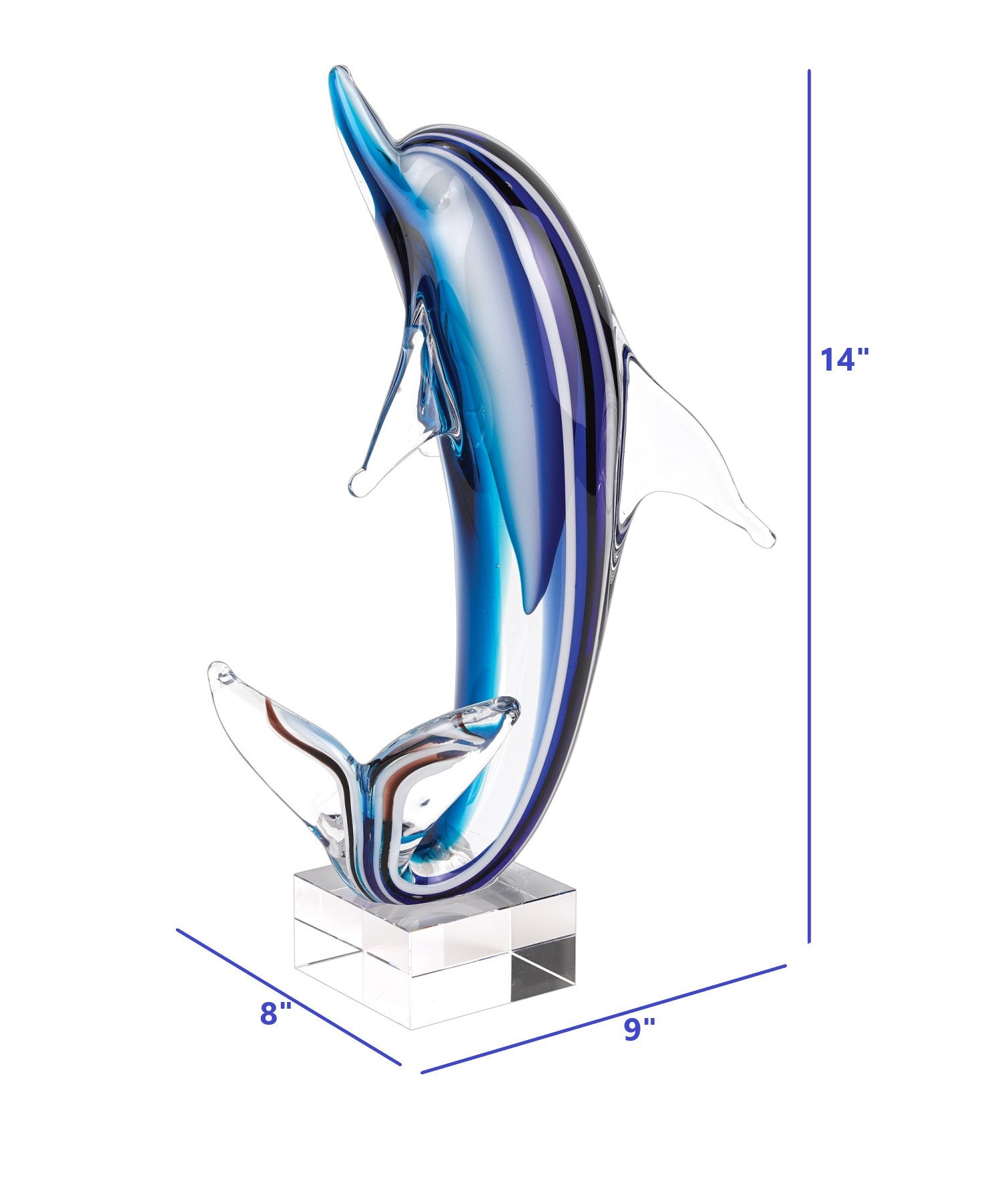 A stunning 14-inch tall mouth blown blue dolphin art glass on a clear base, showcasing vibrant colors and elegant design.