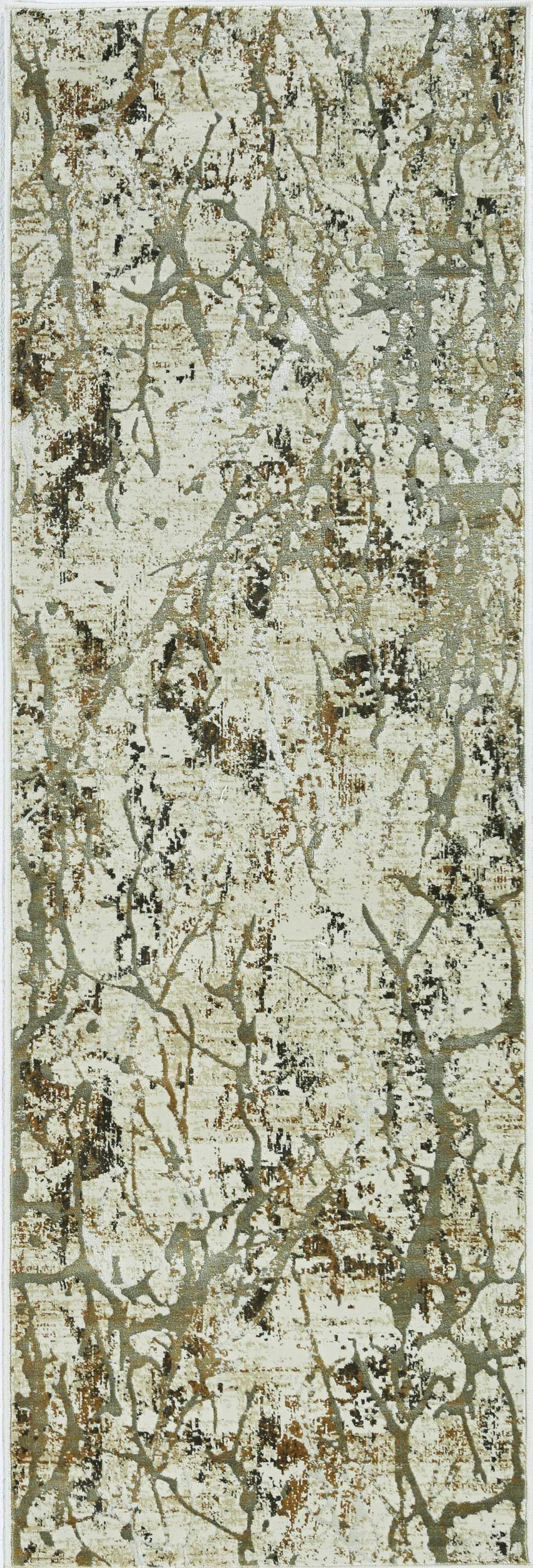 A luxurious 114" x 156" Ivory or Gold Polypropylene or Viscose Rug featuring modern vintage distressed patterns and soft sheen highlights.