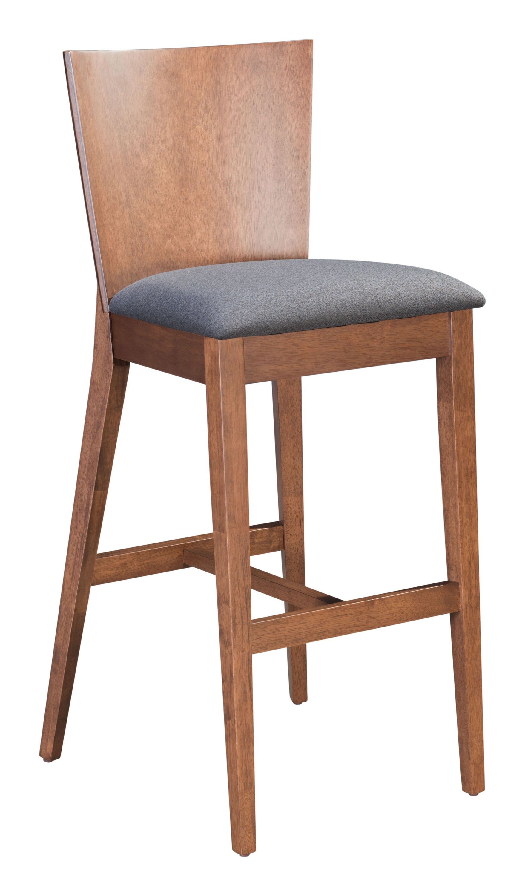 Stylish walnut and dark gray barstool with padded seat and sturdy base, perfect for kitchen or bar areas.