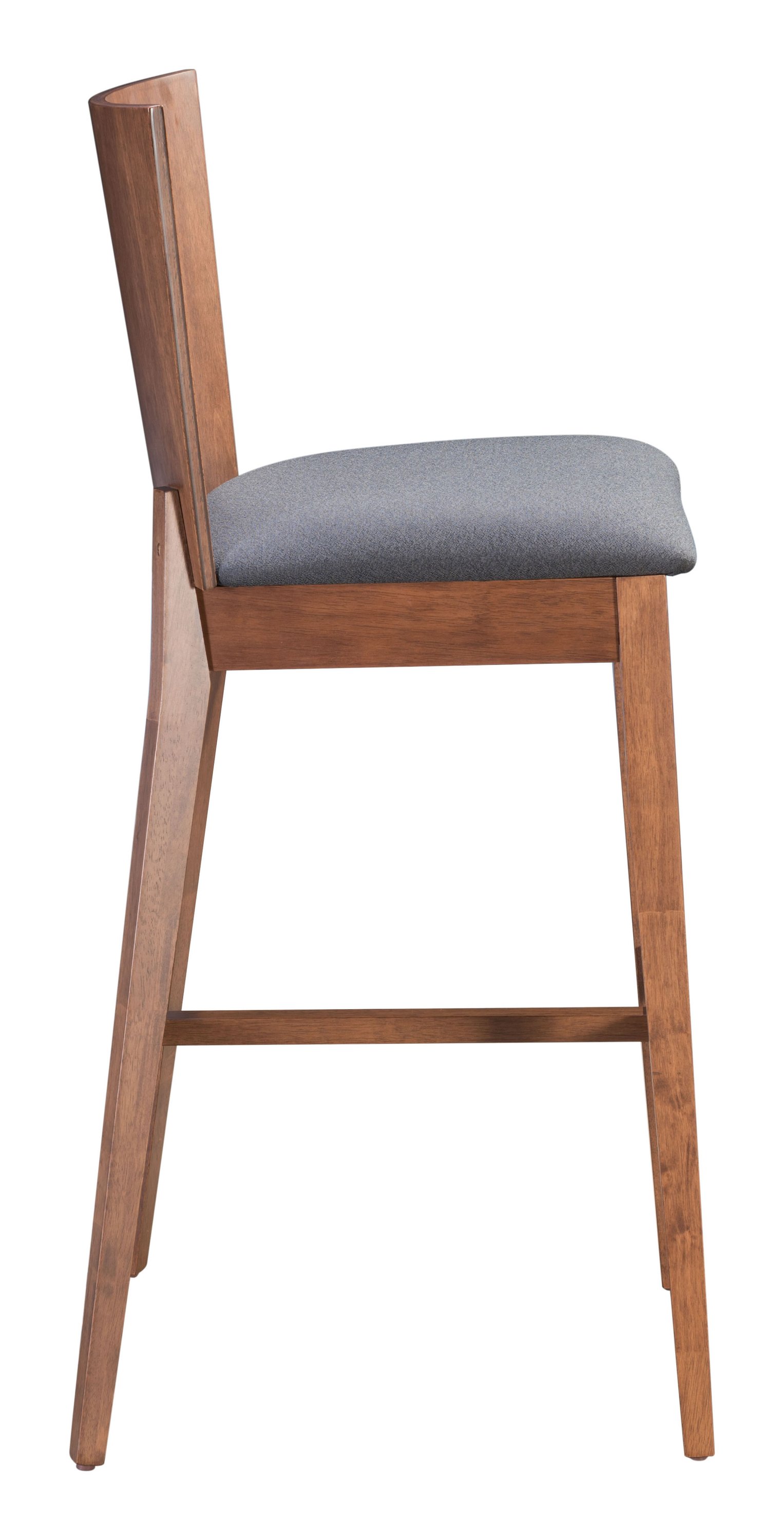 Stylish walnut and dark gray barstool with padded seat and sturdy base, perfect for kitchen or bar areas.