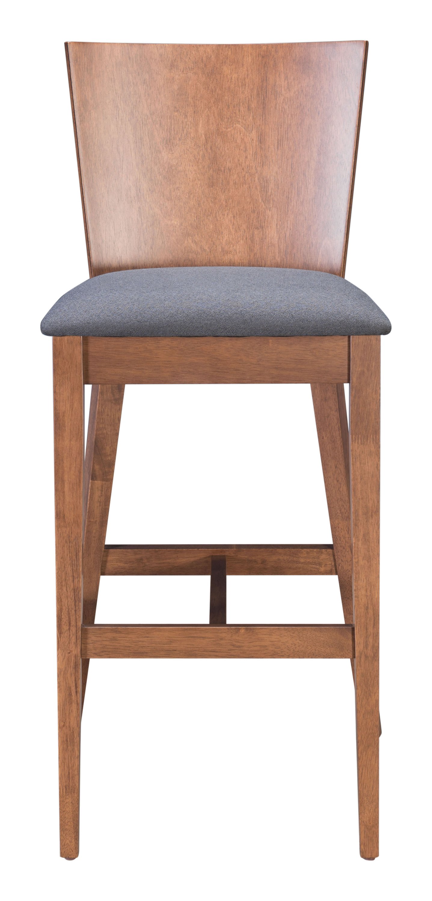 Stylish walnut and dark gray barstool with padded seat and sturdy base, perfect for kitchen or bar areas.